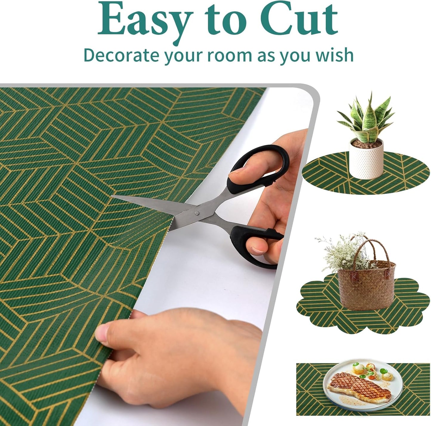Shelf Liners for Kitchen Cabinets 12in x 20FT, Non Adhesive Cabinet Liner Strong Non-Slip Thickened Gold Green Geometric Drawer Liner, Easy to Clean for Shelf, Cabinet with Knife and Tape Measure