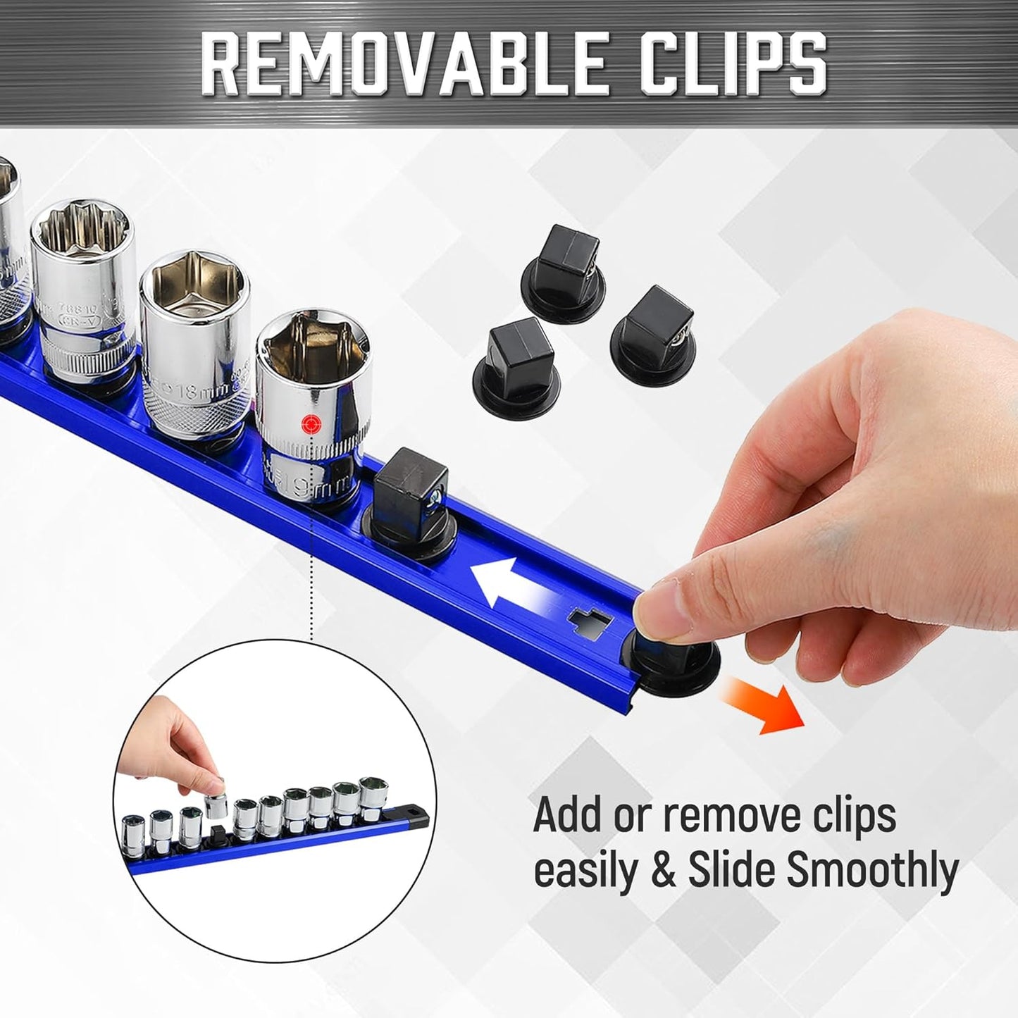 ALOANES 1/2-Inch Drive Magnetic Socket Organizer, Heavy Duty Aluminum Socket Rail Organizer, 360° Swivel Clips Socket Holder Kit for Tool Box, 1/2-Inch Socket Holder x 12 Clips (Blue)