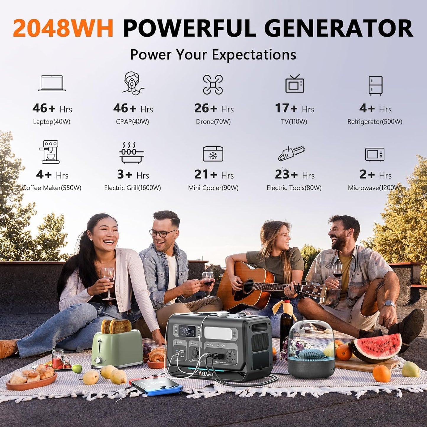 ALLWEI 2400W Portable Power Station (Surge 4800W) with 1x400W Solar Panel and 1x2048Wh Expansion Battery Included, 4 AC Outlet, LiFePO4 Battery Backup Generator for RV Camping Emergency Outdoor Home
