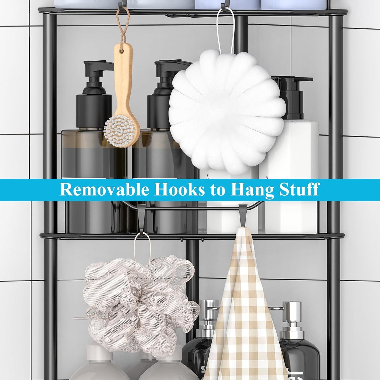3 Tier Floor Standing Corner Shower Caddy Organizer Shelf with Hooks, Bathroom Shelves Stand Rack, Black