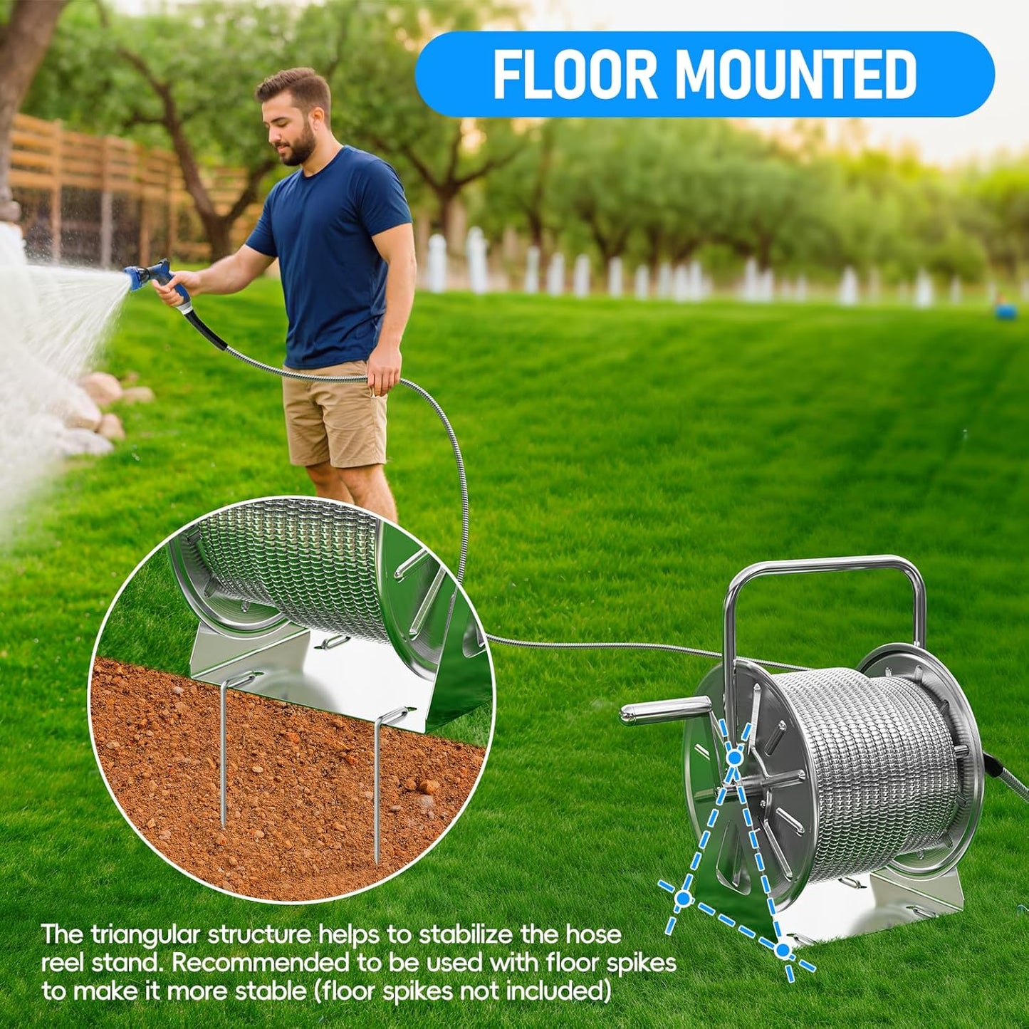 SPECILITE Stainless Steel Garden Hose Reel with 100FT Drinking Water Hose and 6.2FT Leader Pipe, Wall/Floor Mounted Metal Spool with Crank Handle, UV Resistant for Outside, Yard, Patio