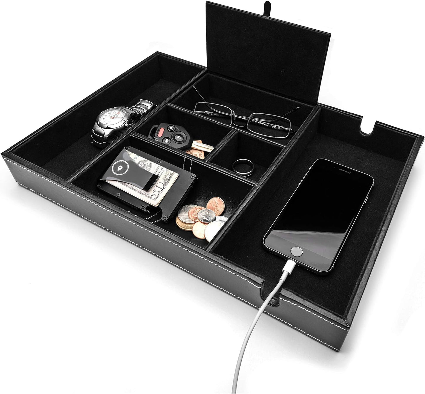 ULTRAY, Valet Tray for Men, Nightstand Organizer, Entry Table Organizer, Catch All, Black Faux Leather Box, 6 Compartments