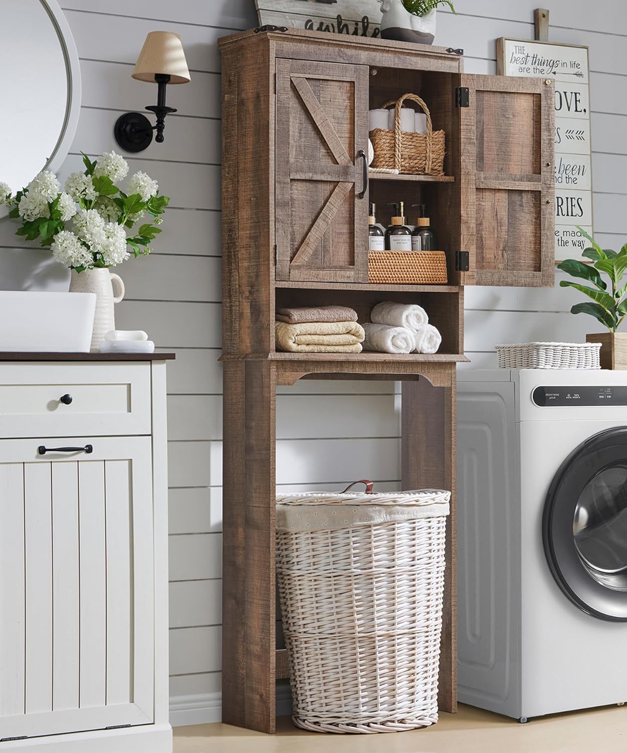 ACCOHOHO Over The Toilet Storage Cabinet, Farmhouse Bathroom Cabinet with Adjustable Shelf & Barn Door, 67" Tall Over The Toilet Shelf, Rustic Brown