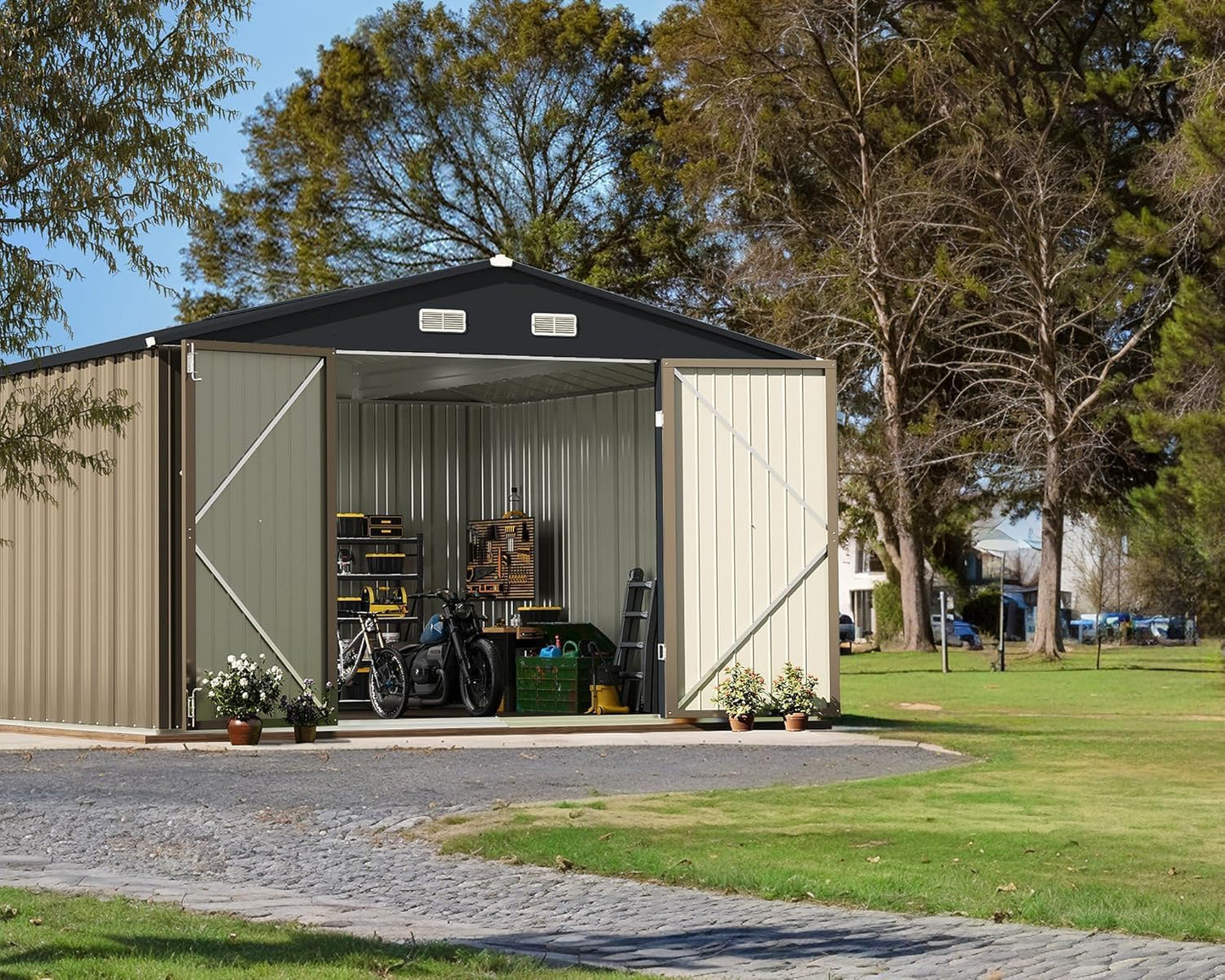 Greesum 10x10FT Outdoor Storage Shed, Utility Tool Shed Metal Storage Garden Shed with Door & Lock for Patio Storage, Brown