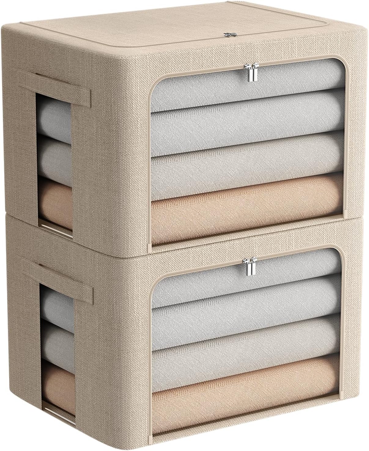 FHSQX 2 Pack Clothes Storage Bins Stackable Metal Frame Storage Box Foldable Linen Fabric Box Organizer with Carrying Handles and Clear Window (Beige, 15.7x 11.8x 11.7 Inch)