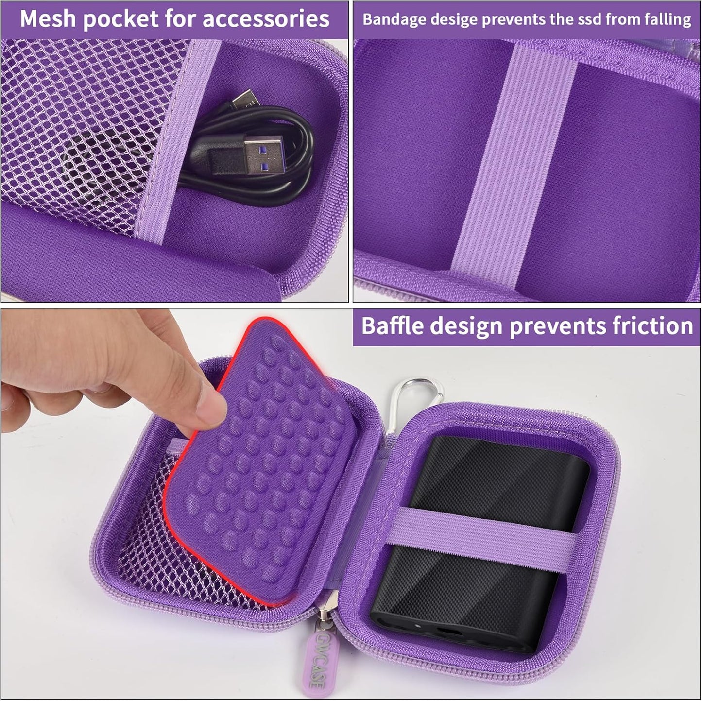 Case Compatible with Samsung T9/ T7/ T7 Shield Portable SSD 1TB 2TB 4TB External Hard Drive, Storage Travel Carrying Holder Organizer for Solid State Drives & USB Cable (Box Only)-Purple
