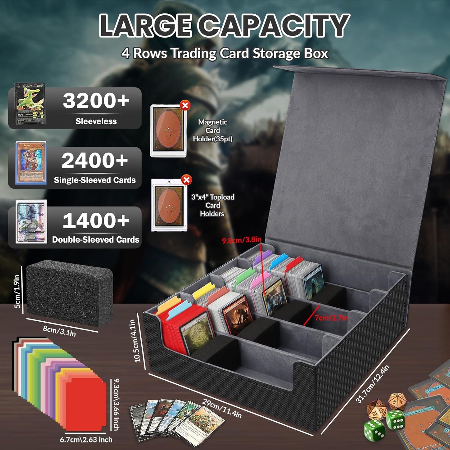 AOBOPLE Trading Card Storage Box,3200+ Card Box Storage with 24 Dividers and 4 Foam Supporters PU Leather Magnetic Cards Deck Case for MTG,TCG, Magic and Sport Cards,Great Gift for Card Collectors
