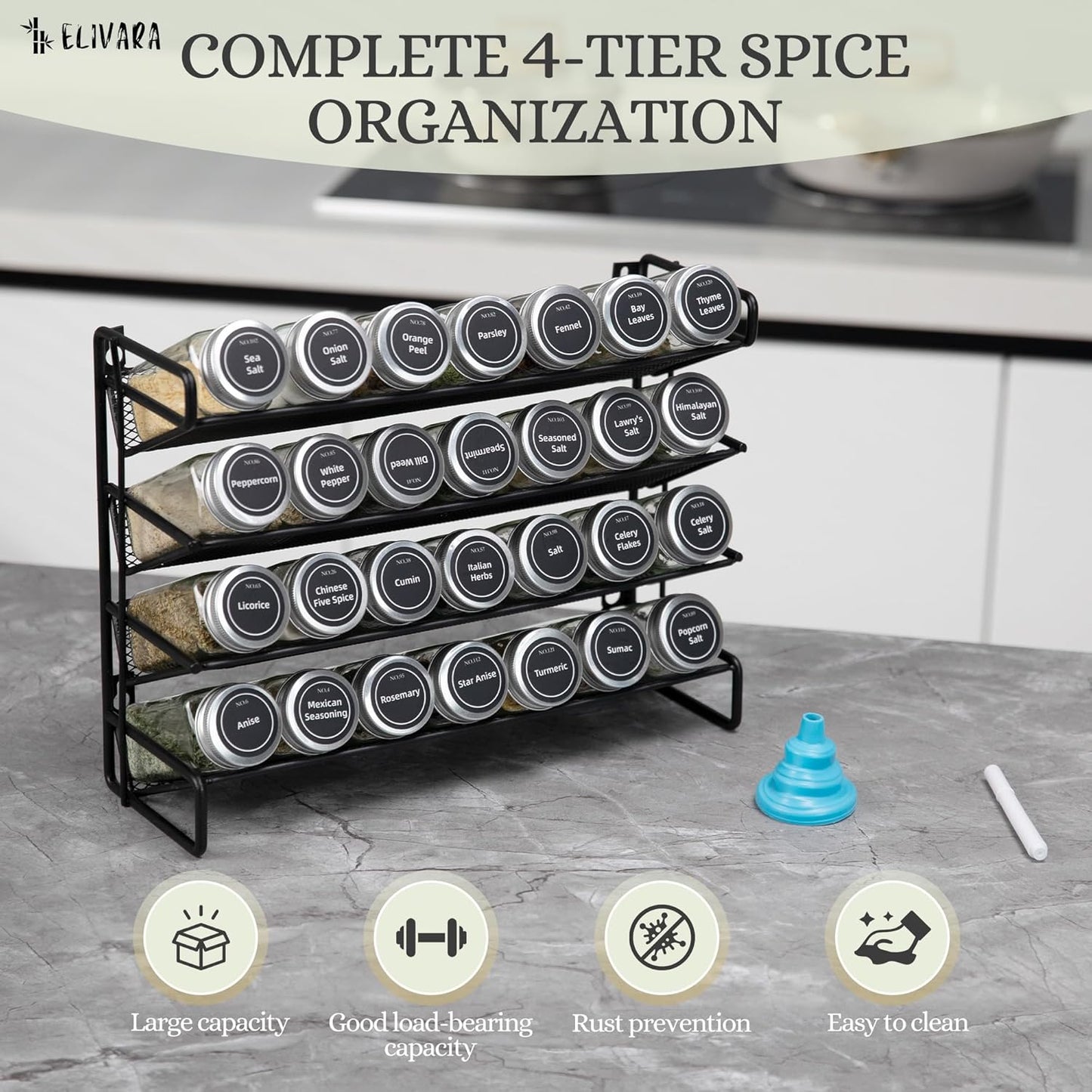 4-Tier Spice Rack Organizer Set – Wall Mounted or Countertop – Includes 28 Glass Spice Jars, 386 Spice Labels, Funnel, and Chalk Marker – Kitchen Spice Storage Solution
