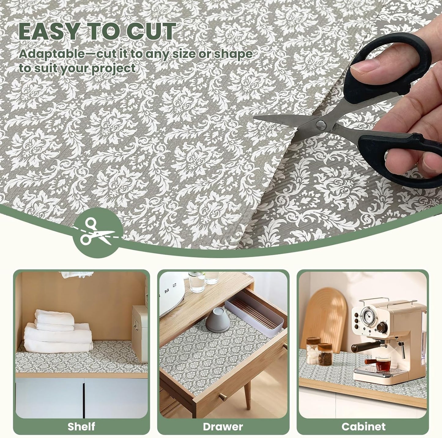 Drawer Liner and Shelf Liner for Kitchen Cabinet Liner Non-Adhesive Non-Slip Shelf Paper, Thick Strong Grip Waterproof Easy to Clean for Shelves, Cupboard, Desks, Baroque Pattern, 17.5 in x 20 FT