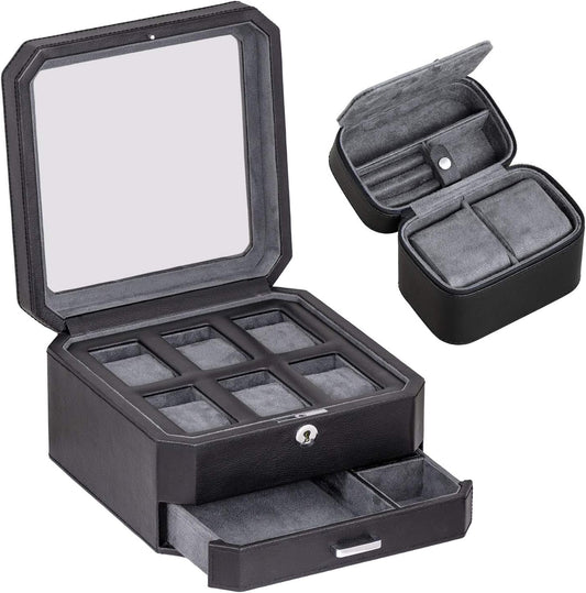ROTHWELL Gift Set 6 Slot Leather Watch Box and 2 Watch Travel Case - Luxury Case Organizer, Microsuede Liner, Locking Mens Jewelry Watches Holder, Storage Boxes Glass Top (Black/Grey Gift Set)