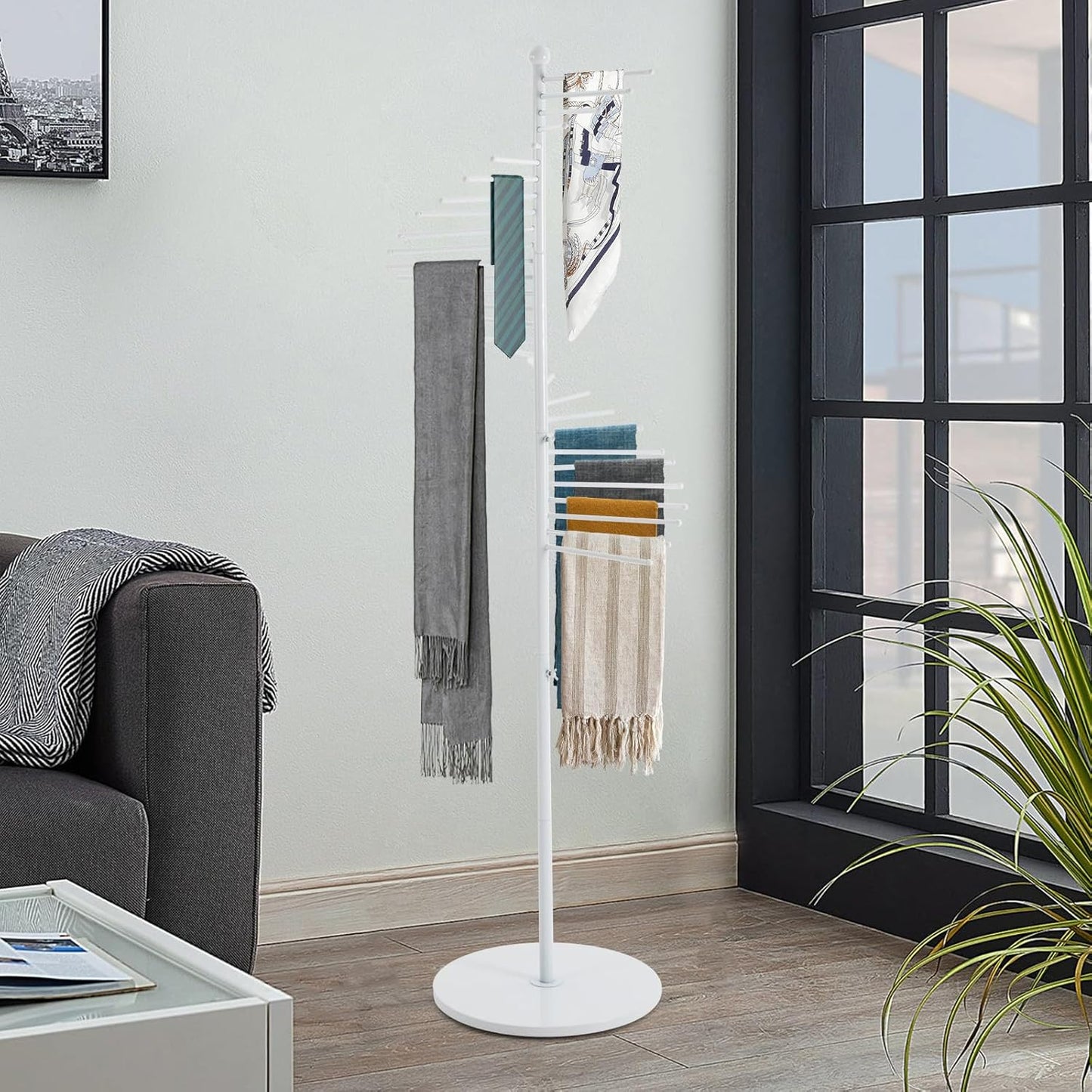 Scarf Organizer, Hijab Organizer, 30 Tiers Metal Scarf Hanger for Multiple Scarves, 67" Height Floor-standing Hijab Stand Belt Pants Hanger for Home, Commercial, Clothing Store (White)