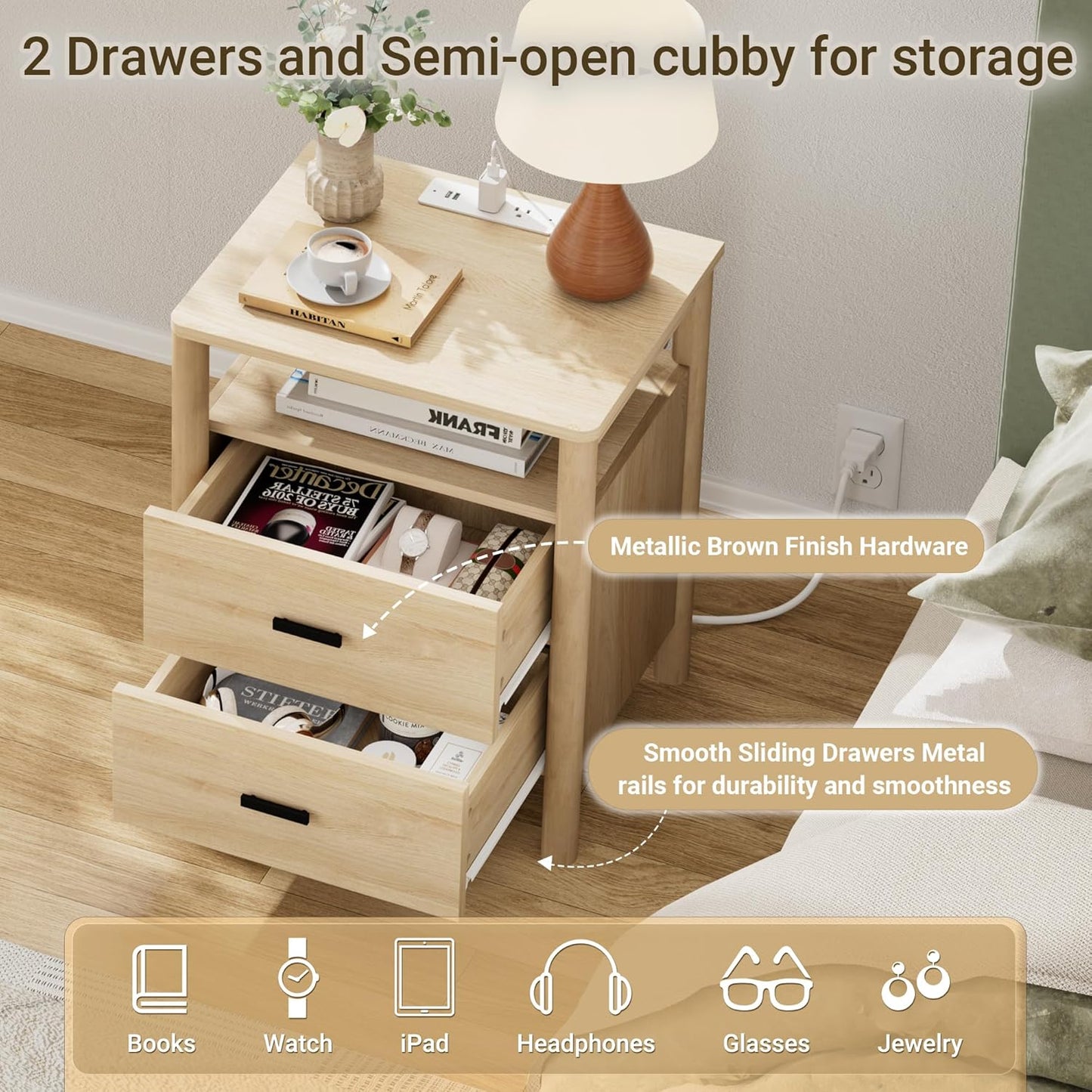 Night Stand Set of 2 with Charging Station, 20" Large Modern Side Table with Solid Round Post Legs, 2 Drawers End Table with Open Shelf, Nightstand for Bedroom, Natural Oak