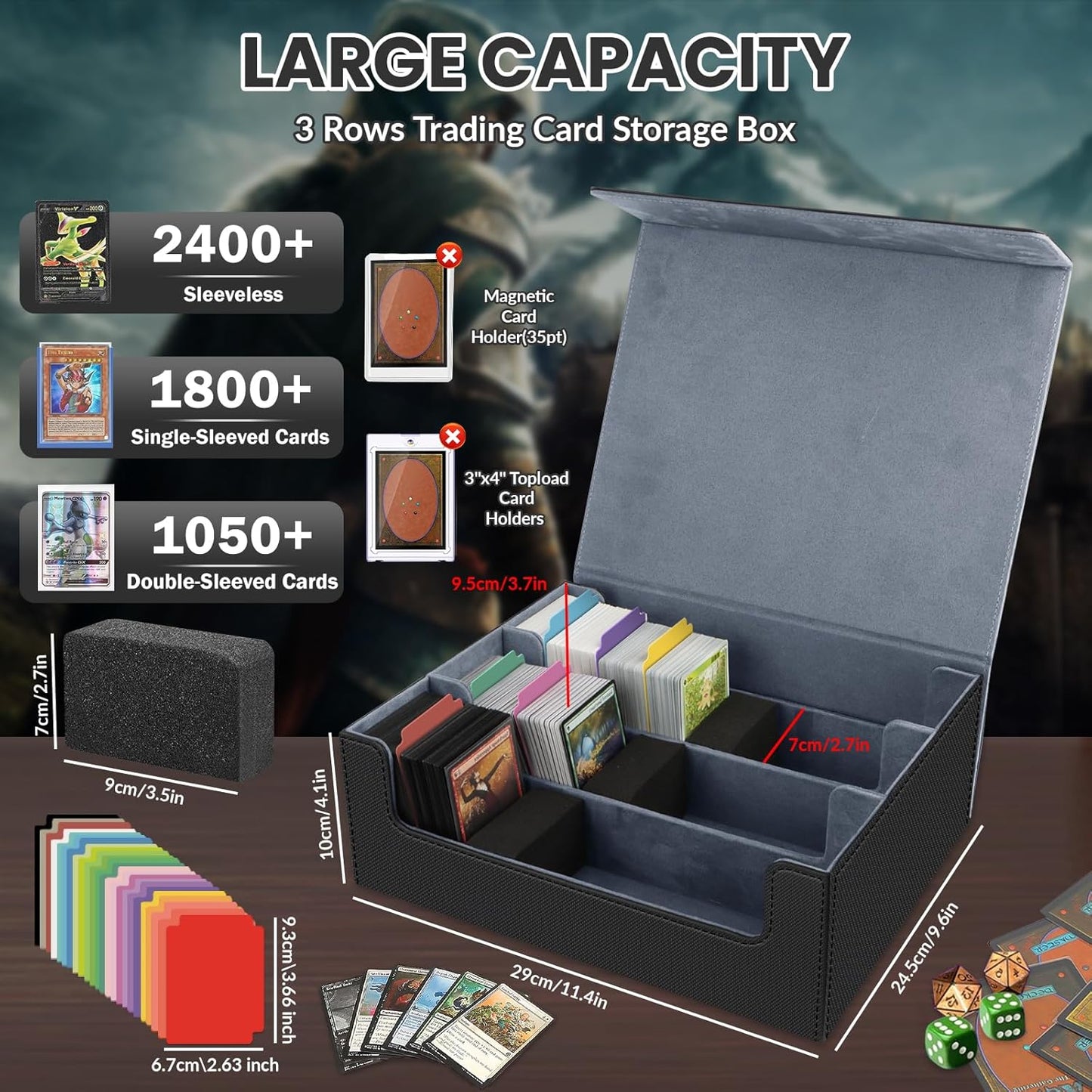 AOBOPLE Trading Card Storage Box,1800+ Card Box Storage with 24 Dividers and 3 Foam Supporters PU Leather Magnetic Cards Deck Case for MTG,TCG, Magic and Sport Cards,Great Gift for Card Collectors