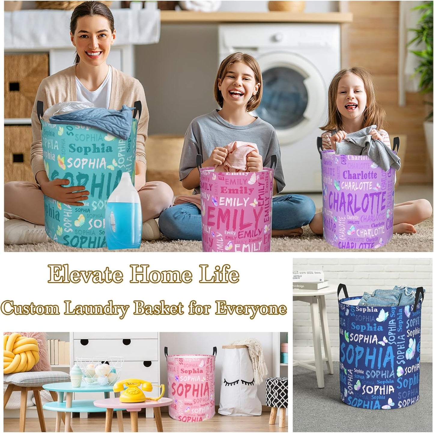 Custom Name Laundry Hamper, Personalized Laundry Basket with Name for Boys Girls Kids Men Women, Customized Name Dirty Clothes Basket Gifts for Clothes Toy Bathroom Bedroom Laundry Room Dorm