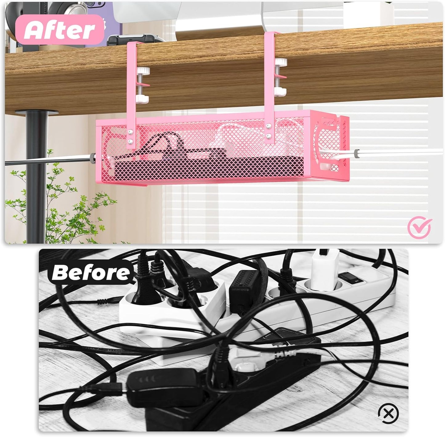 Under Desk Cable Management Tray, 15.7'' No Drill Steel Desk Cable Organizers, Wire Management Tray Cable Management Rack (2 Pack-Pink)