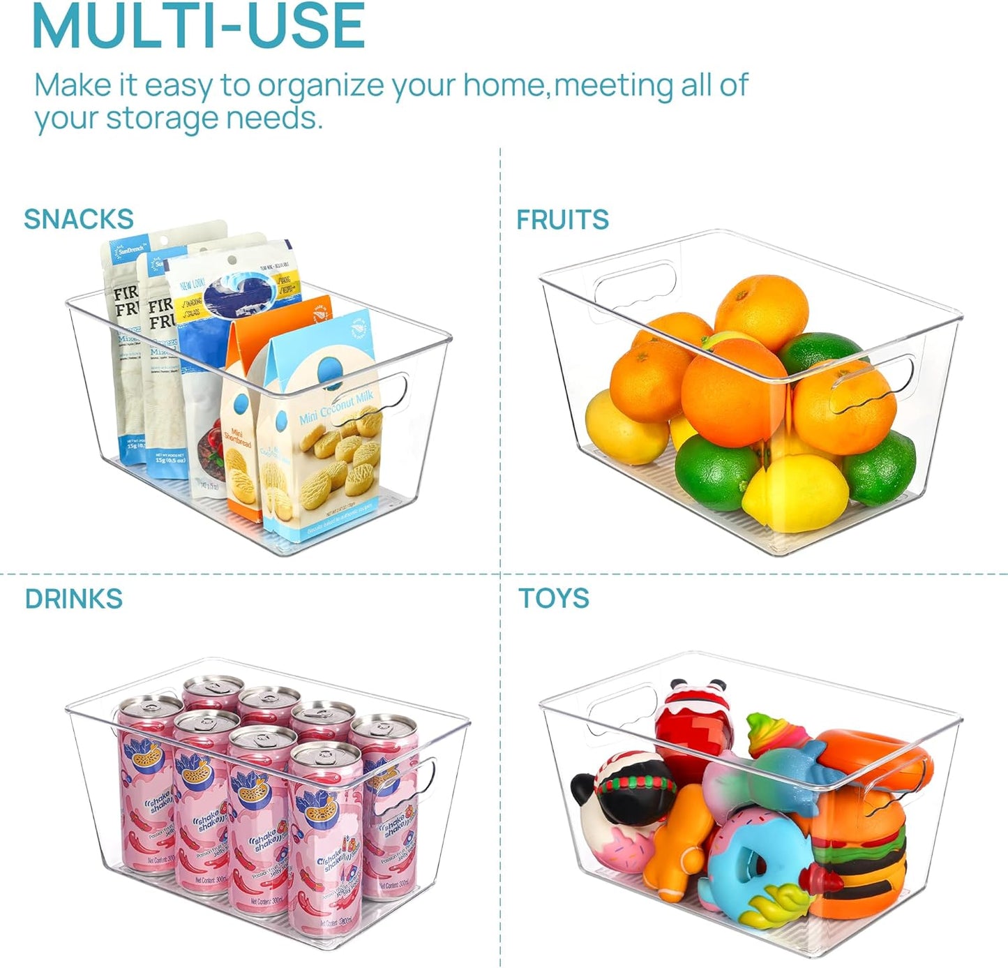 Vtopmart Clear Plastic Pantry Organizer Bins, 4 PCS Food Storage Bins with Handle for Refrigerator, Fridge, Cabinet, Kitchen, Countertops, Cupboard, Freezer Organization and Storage, BPA Free, Large