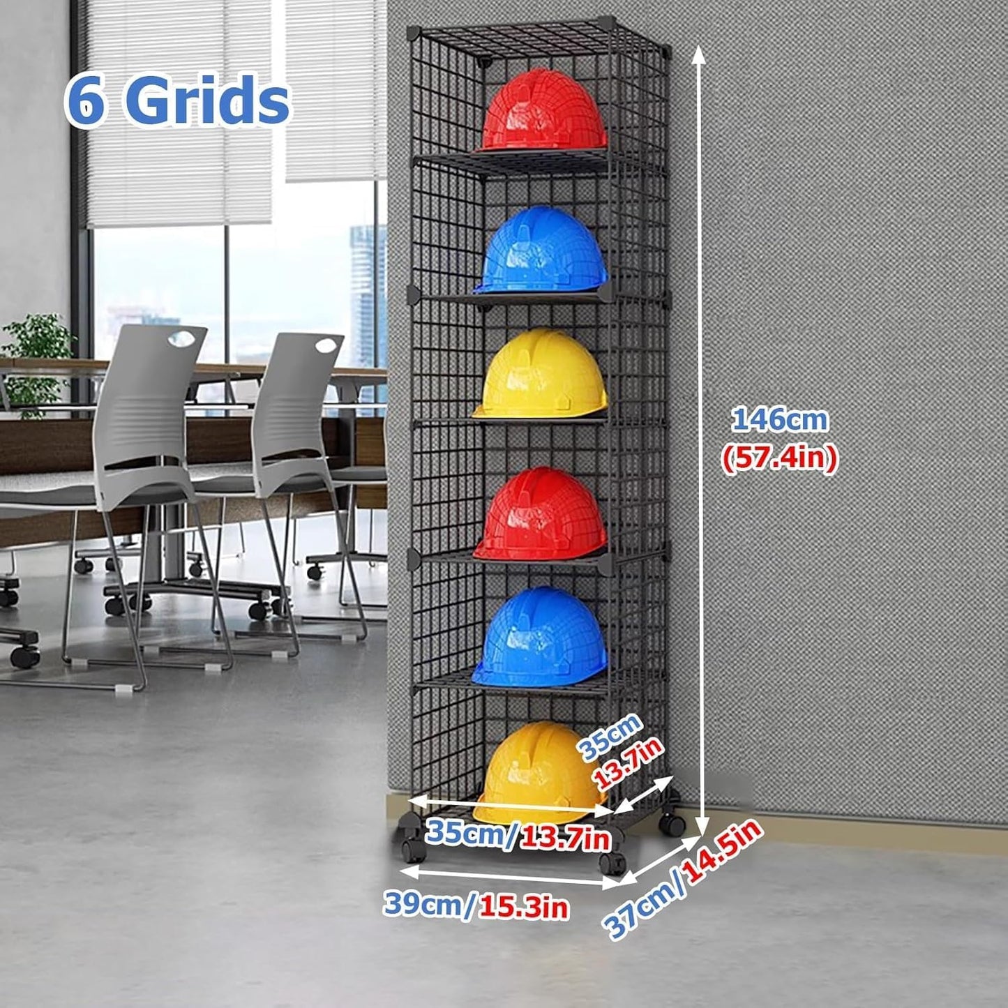Stackable Safety Helmet Storage Boxes, Large Adjustable Hard Hat Placement Organizer Rack,with Wheels,for Construction Site/Garage/Workshop/Factory Helmet Display Shelf (Black, 6 Grids-1 * 6)
