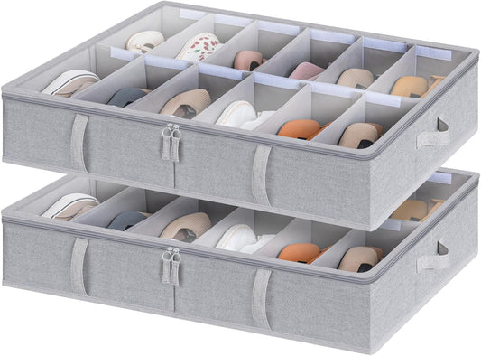 StorageWorks Shoe Organizer for Closet, Fits up to 24 Pairs, 2-Pack Ultra-thick Fabric Under Bed Shoe Storage Containers with Bottom Support and Adjustable Dividers, Grey