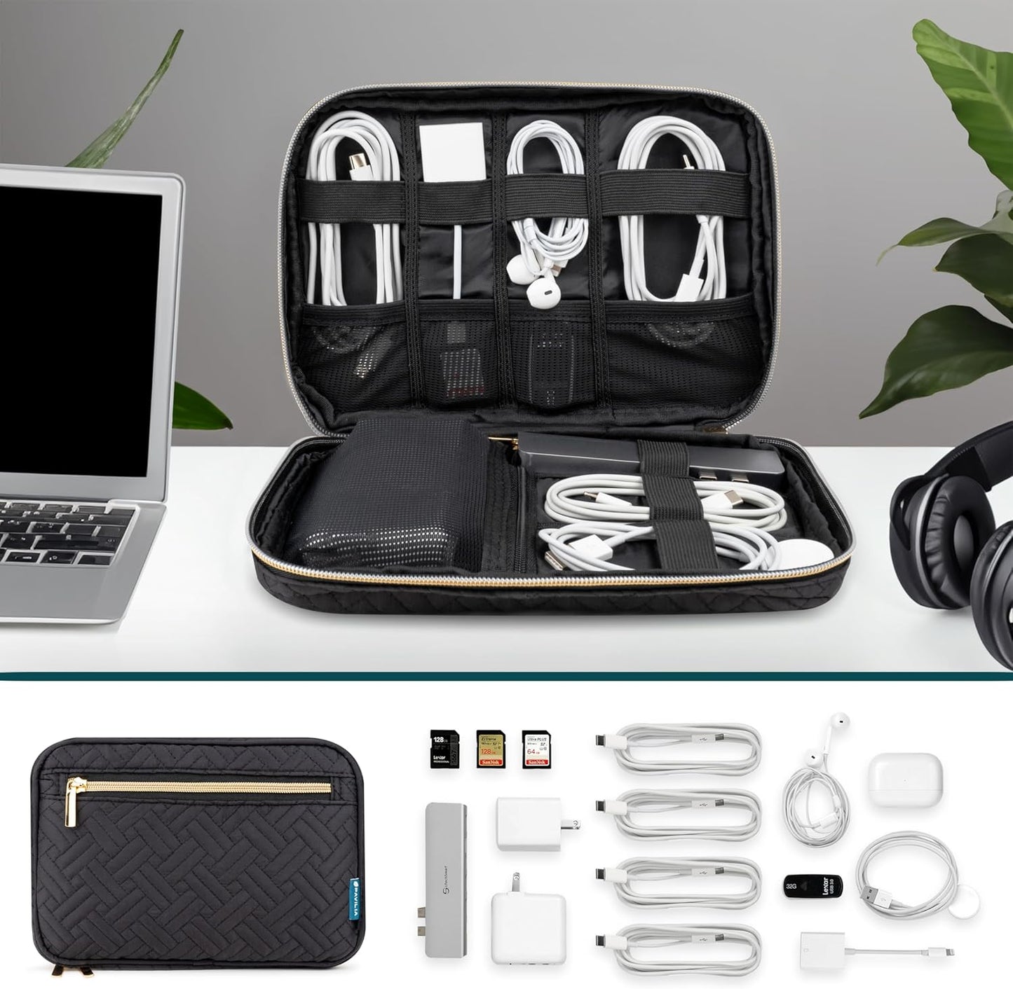 Pavilia Tech Organizer Case - Electronic & Cable Organizer, Small Charger Pouch, Black Quilted Travel Accessory