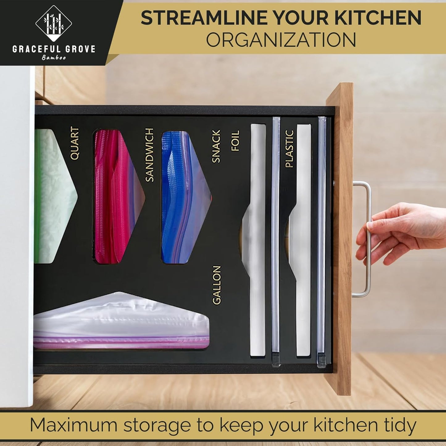6-in-1 Bamboo Food Storage Bag Organizer for Drawer – Holds Gallon, Quart, Sandwich, Snack Bags & 12" Foil or Plastic Rolls - Plastic Bag Organizer with Wrap Dispenser & Built-In Cutter, Black