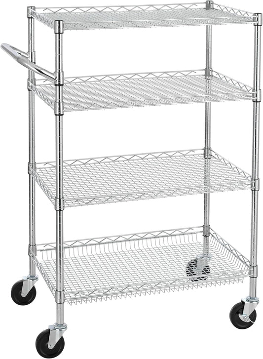 Finnhomy 4 Tier Heavy Duty Commercial Grade Rolling Cart with Handle Bar, Metal Wire Utility Cart with Wheels, Service Trolley on Wheels, Shelf Size 18" D x 30" W, NSF Listed, Chrome