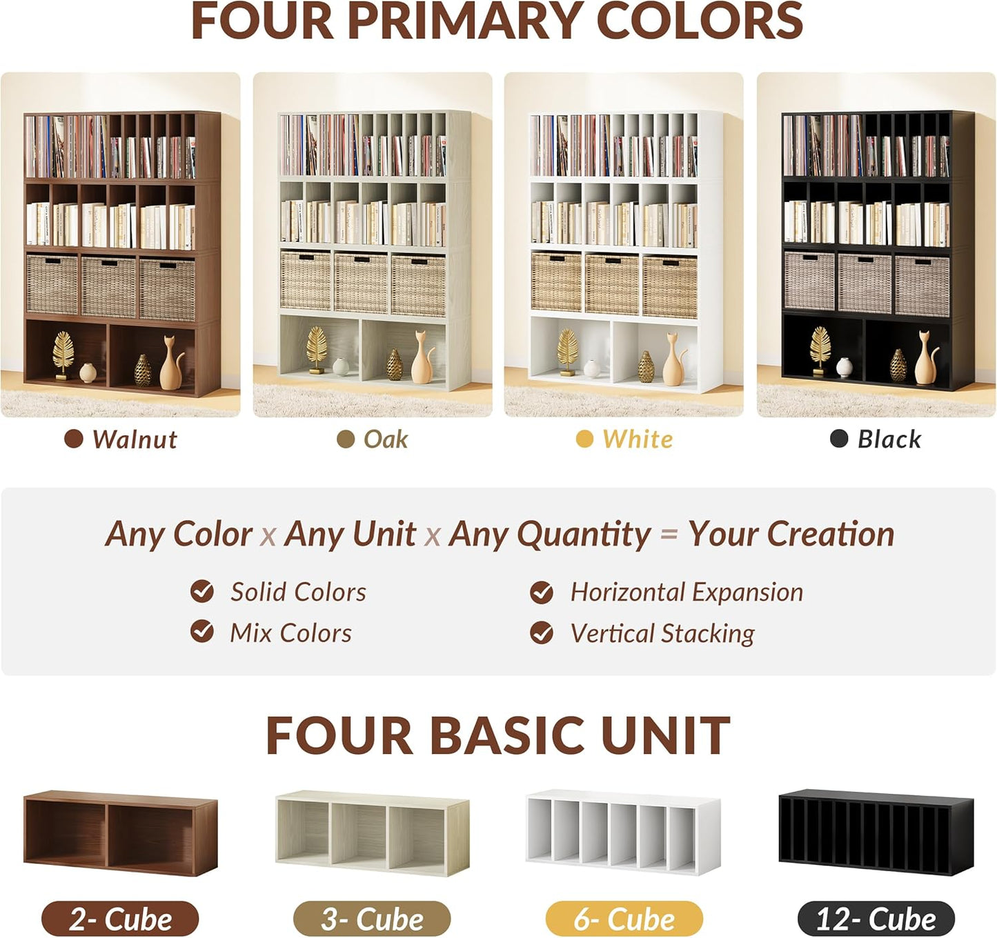 IOTXY DIY Modular Cube Bookcase - CubeXY Customizable Stackable Expandable Basic Shelving Units, 6-Cube Wooden Open Bookshelf with Removable Shelves for Books Organizer, Walnut