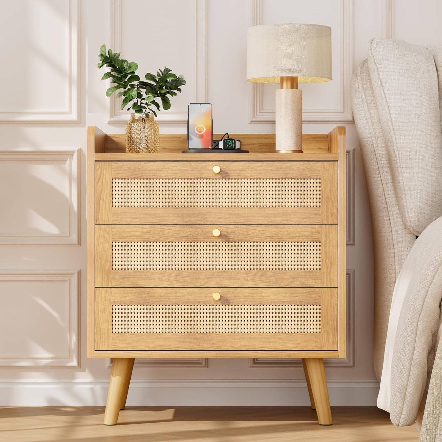 Rattan Night Stand with Charging Station, End Tables with 3 Drawer Dresser, Boho Bedside Table, Mid Century Modern Nightstand, RuralCabinet for Farmhouse Bedroom Living Room Sofa Couch Office Corner