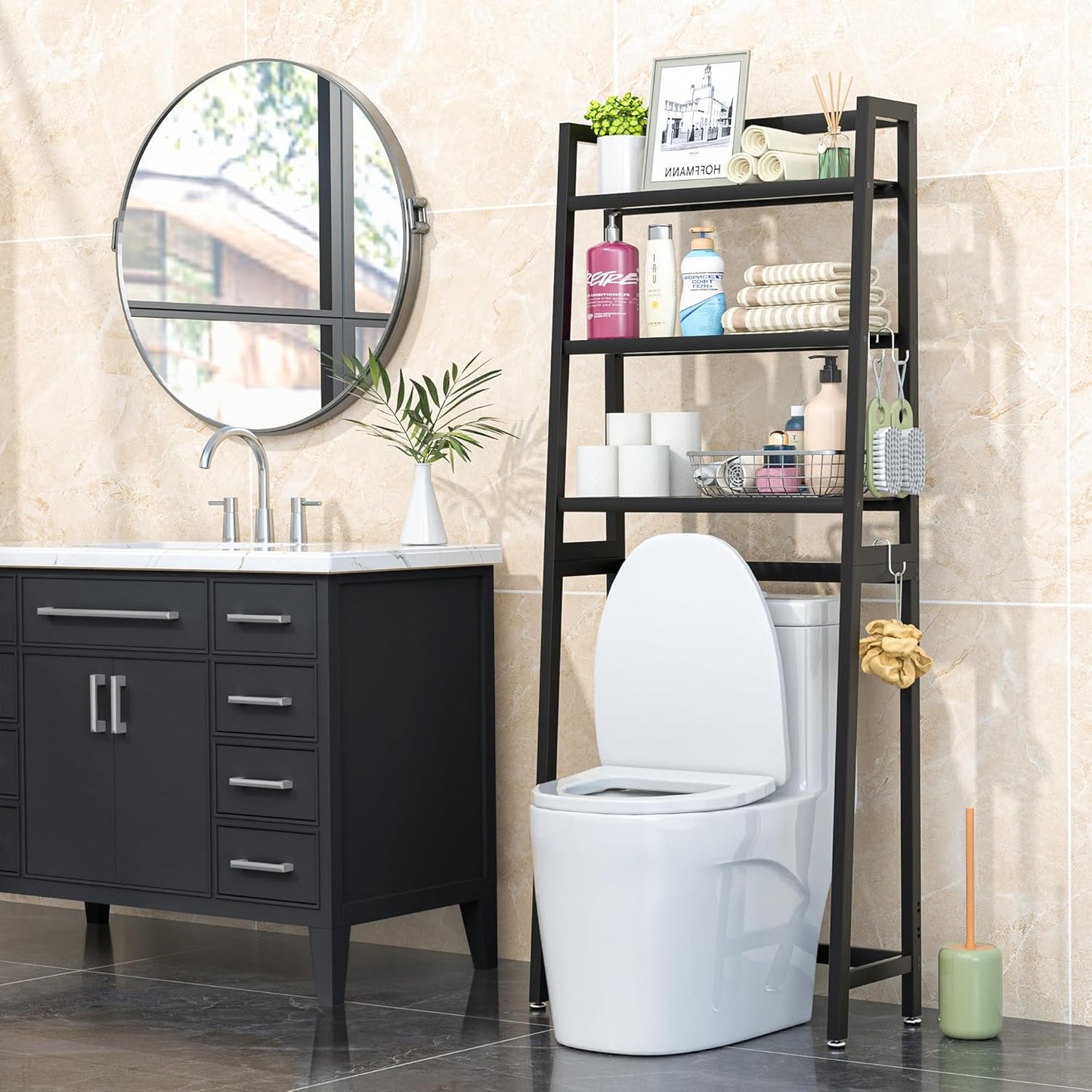 VASMIA Over The Toilet Storage,Bamboo 3-Tier Bathroom Organizer Over Toilet Storage Cabinet,Freestanding Space Saver with 3 Hooks Black