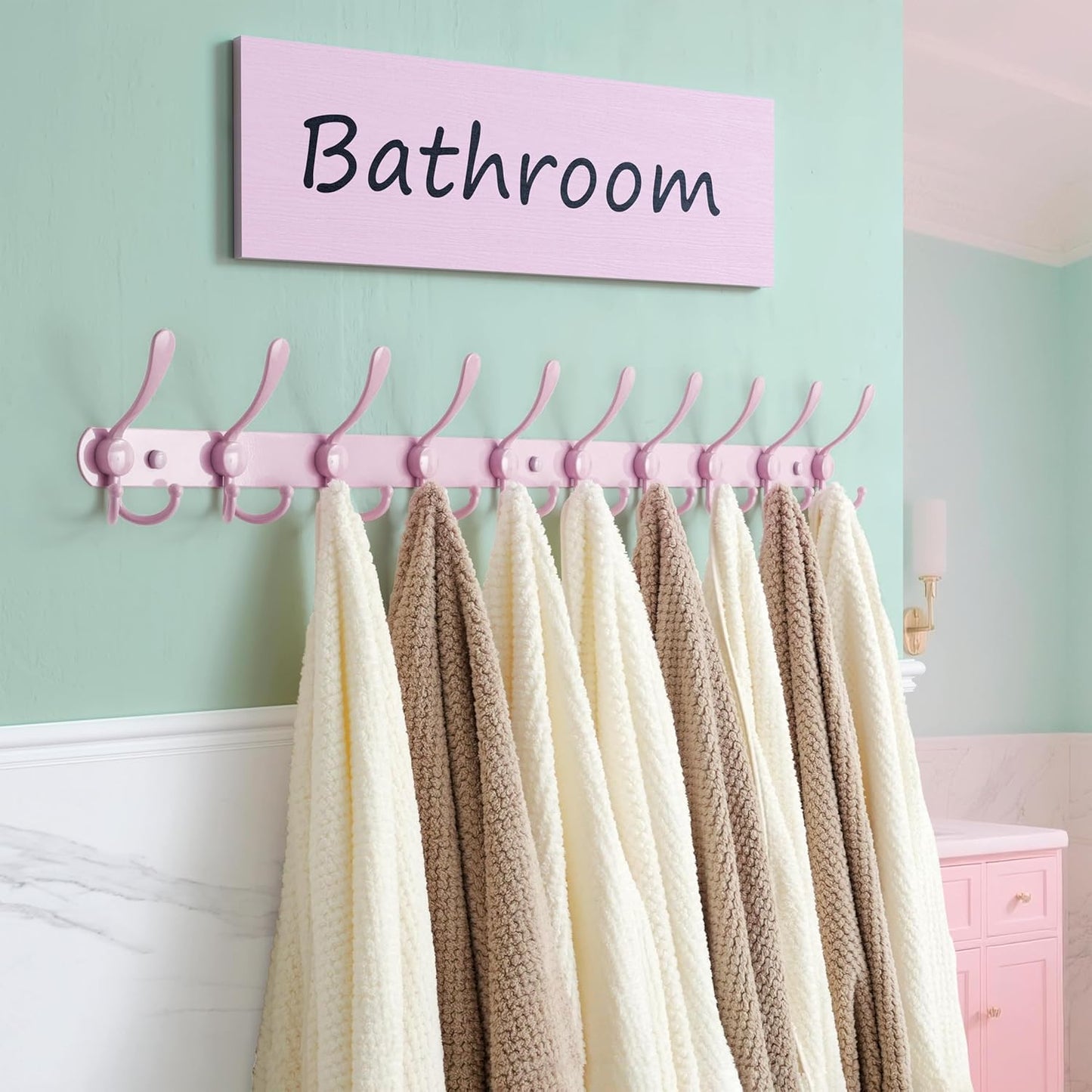 Dseap Coat Rack Wall Mount - 38” Long 10-Tri-Hooks Heavy Duty Coat Hanger Rail Wall Hooks for Hanging Coats Hats Clothing Clothes Purse Mudroom Entryway, Pink, Pack of 2
