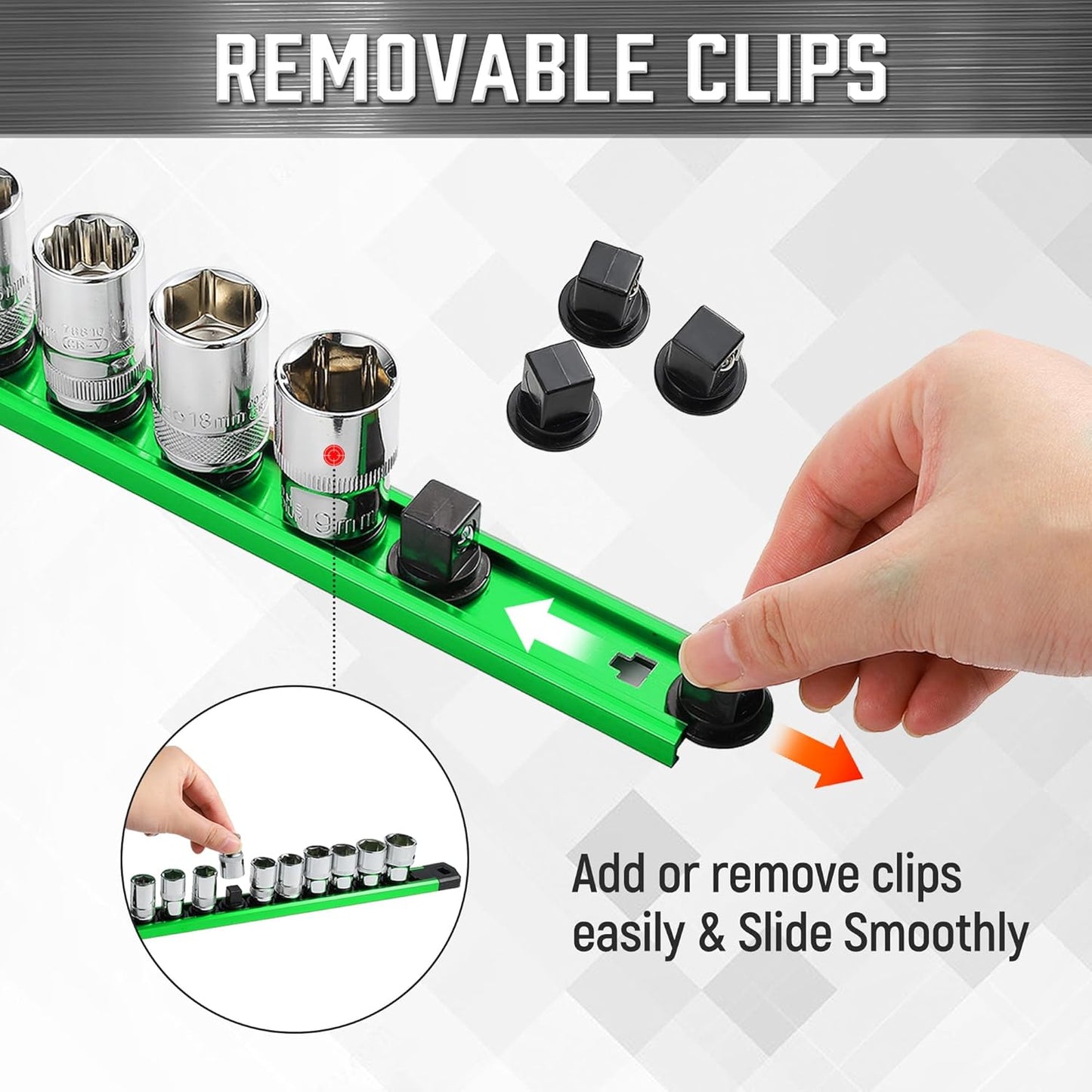 ALOANES 6-Piece Magnetic Socket Organizer, Heavy Duty Aluminum Socket Rails Organizer, 360° Swivel Clips Socket Holder Kit for Tool Box, 1/2, 3/8, 1/4-Inch Socket Holder x 80 Clips (Green&Black)