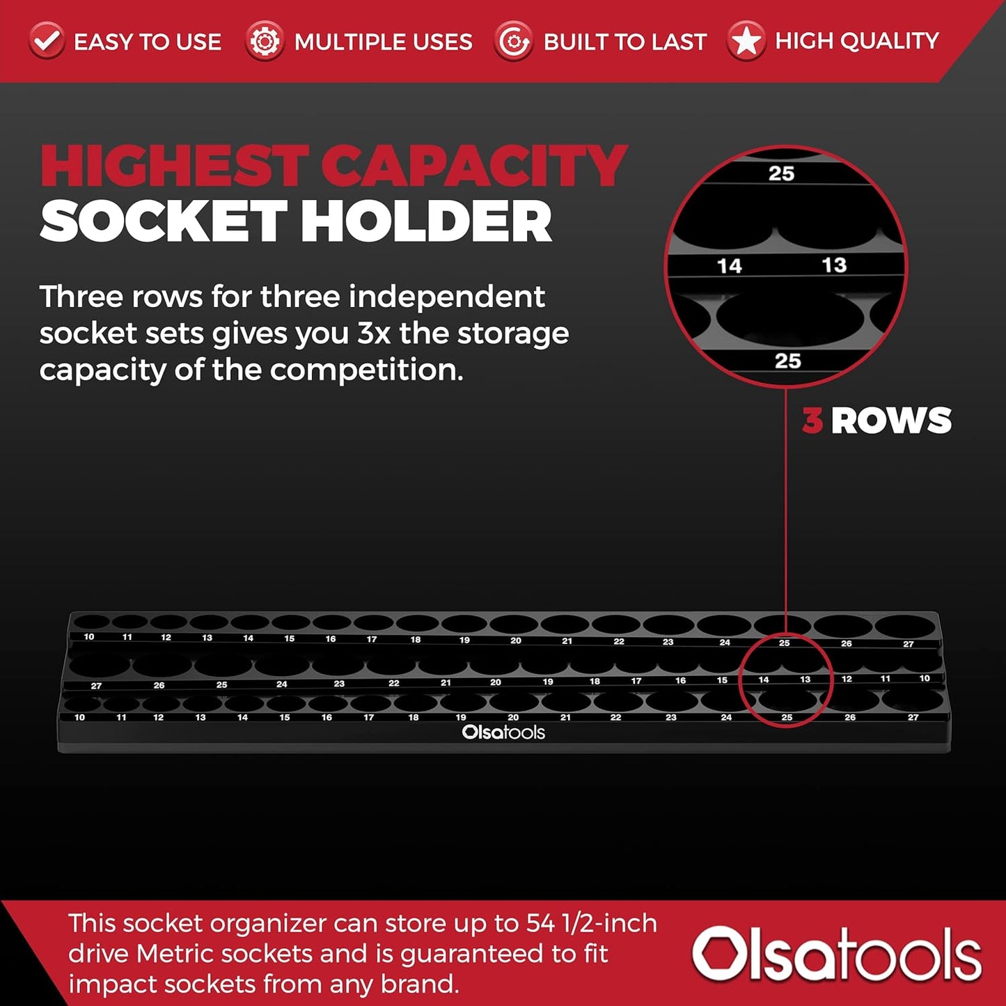 Olsa Tools Magnetic Socket Organizer (1/2-Inch Drive, 3 Row) - Magnetic Tool Organizer & Socket Holder - Tool Box Socket Organizers - Metric Black - Holds 54 Sockets - Professional Grade - Part: 1552