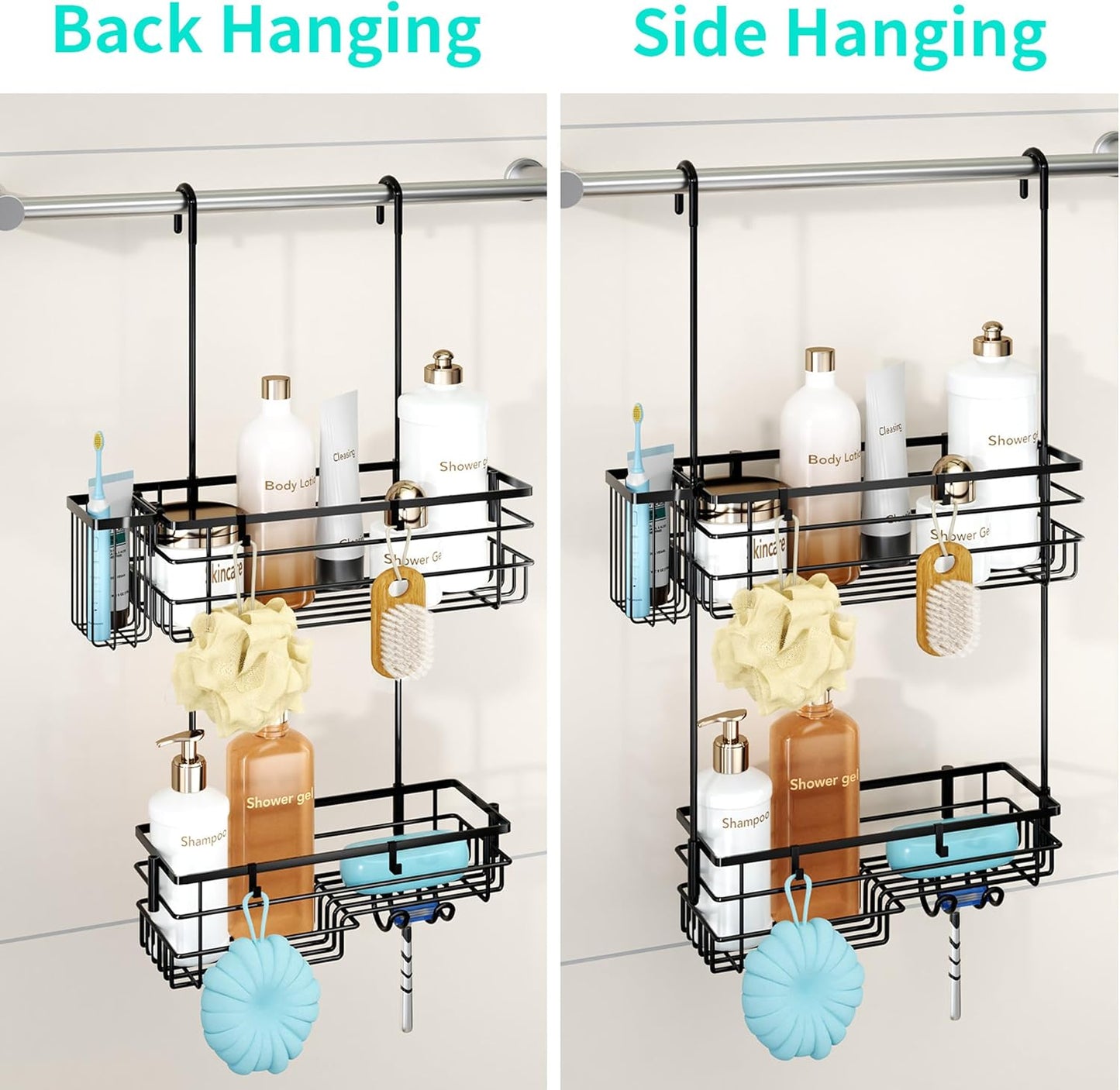HapiRm Hanging Shower Caddy Organizer - No Drilling Shower Shelves with Hooks and Toothbrush Holder, Rustproof 304 Stainless Steel Bathroom Organizer - Black