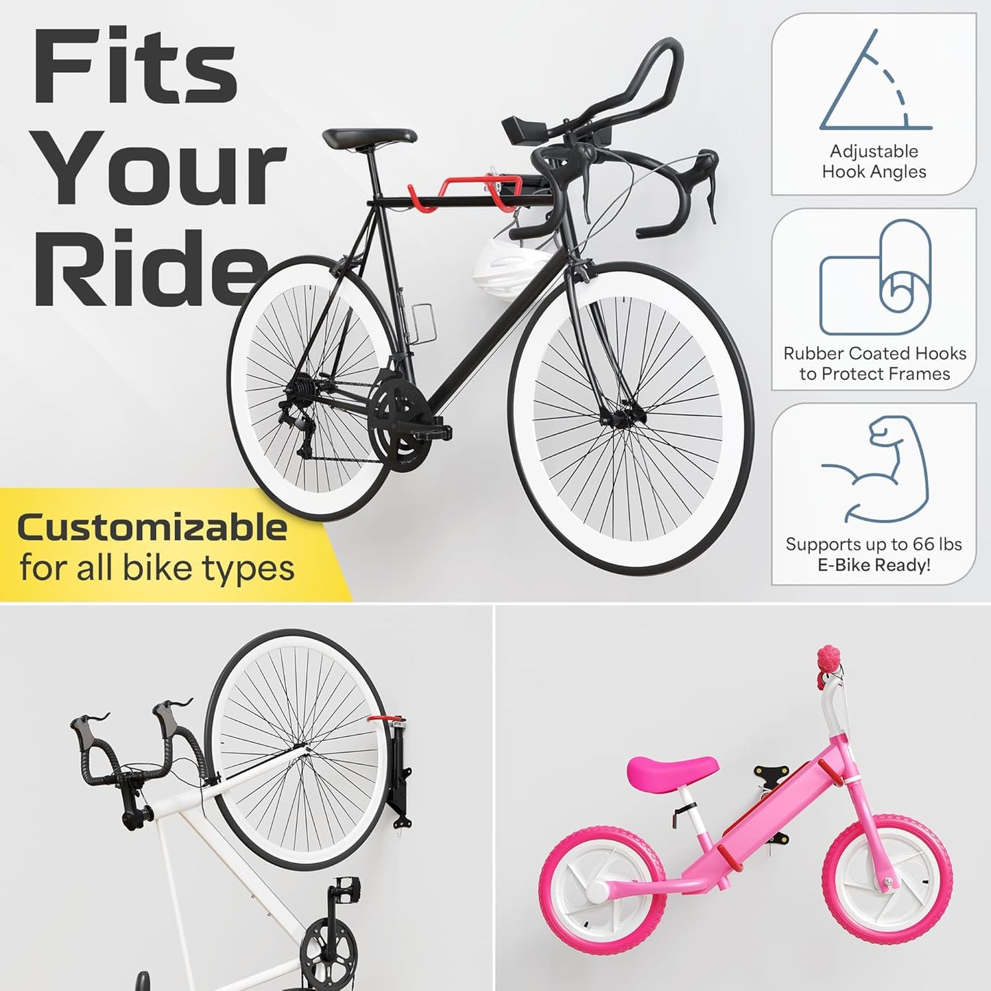 2 Pack Wall Mount Bike Rack Garage - Mountain Bike Wall Mount Horizontal Vertical Design with 66lbs Cap, Screws, Installation Manual - Secure Road Cycling Holder Storage, Bicycle Hanger for Home