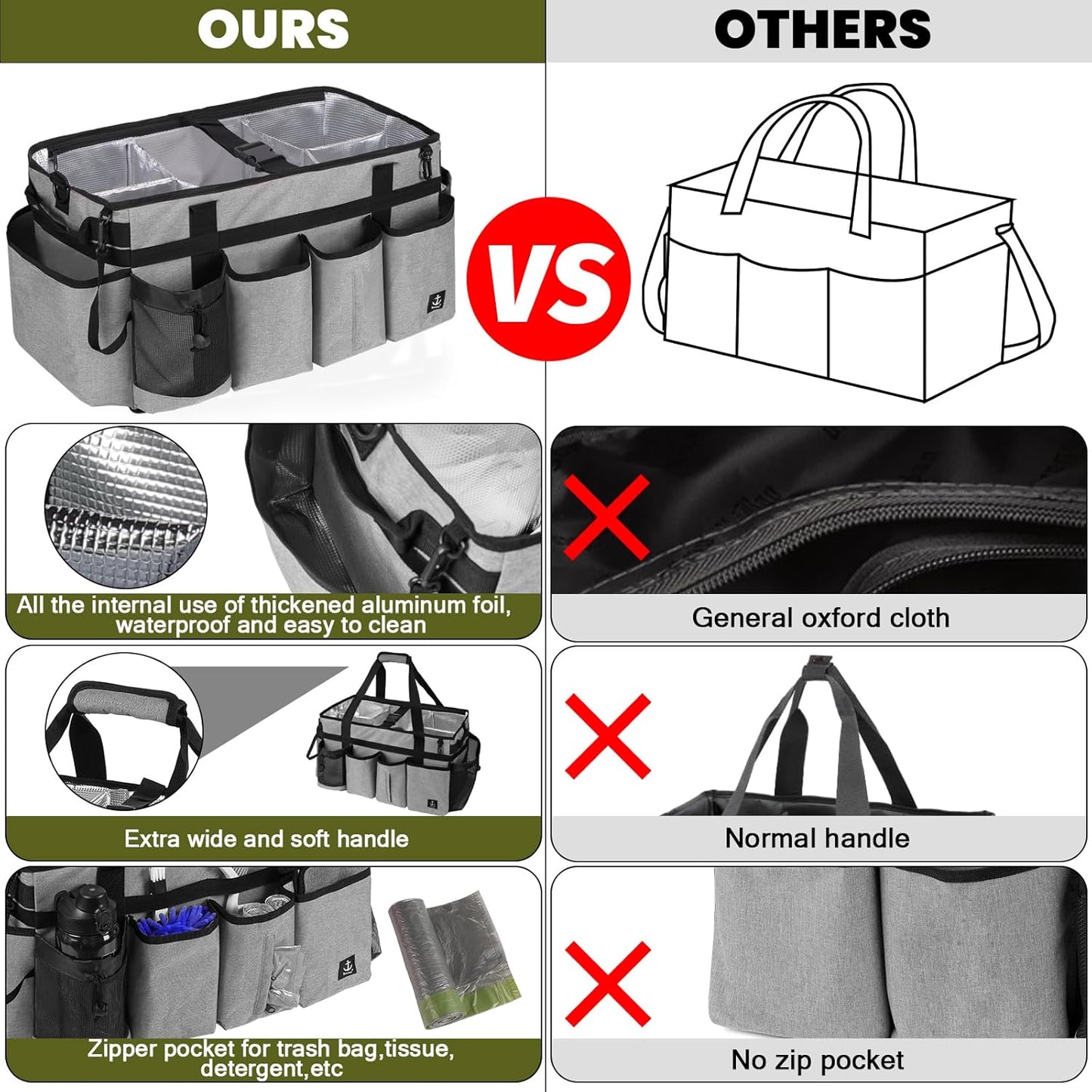 Extra large Cleaning Caddy Bag Built-in Sturdy Support Board, Cleaning Organizer with Detachable Divider, Cleaning Supply Tote with Adjustable Shoulder Strap (Grey, 19'' x 11'' x 11'')