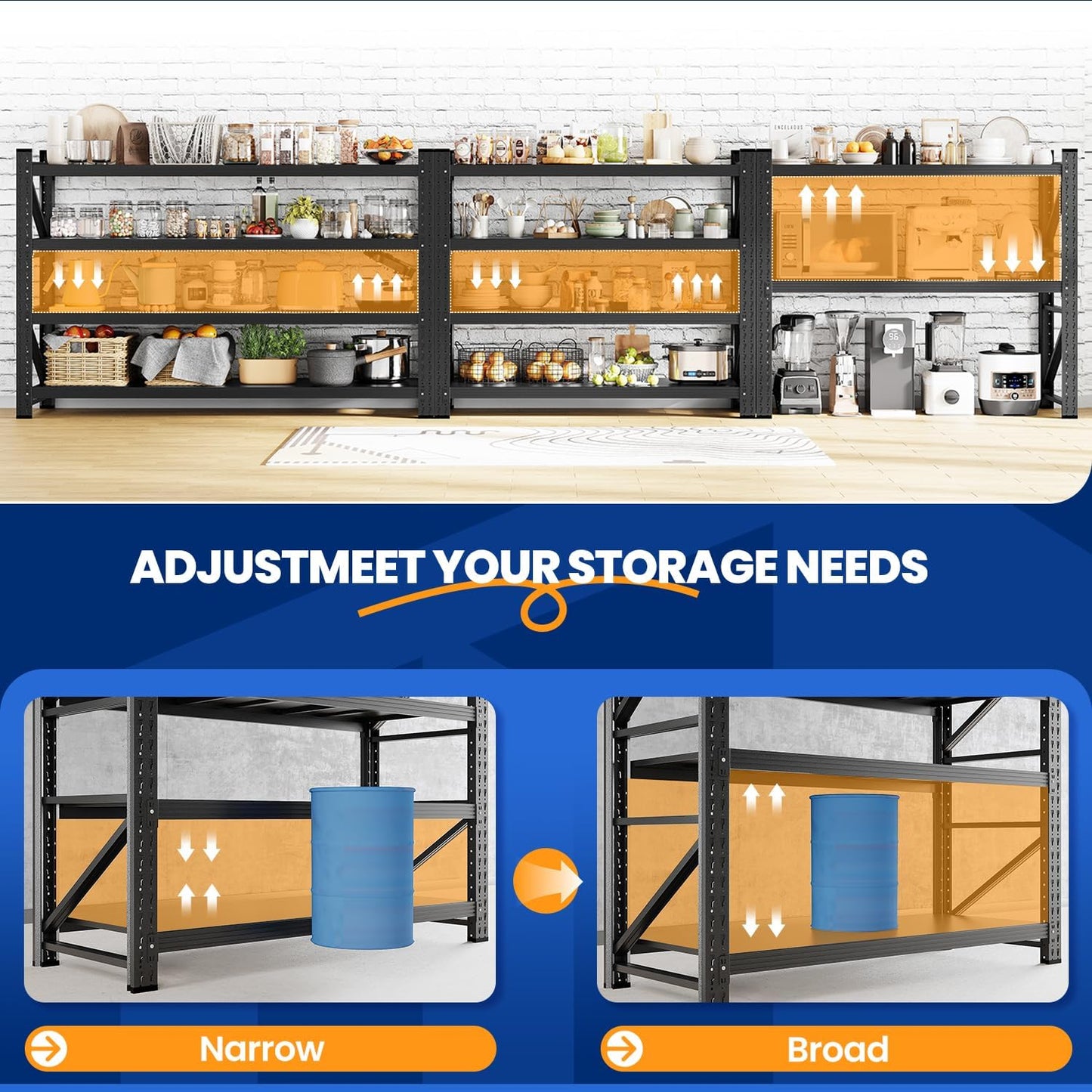 MIIIKO 75" W Storage Shelves,8000LBS Metal Garage Storage Shelving,Heavy Duty Adjustable Unit Storage Shelves for Warehouse,Basement,75" W x 24" D x 70" H,Black