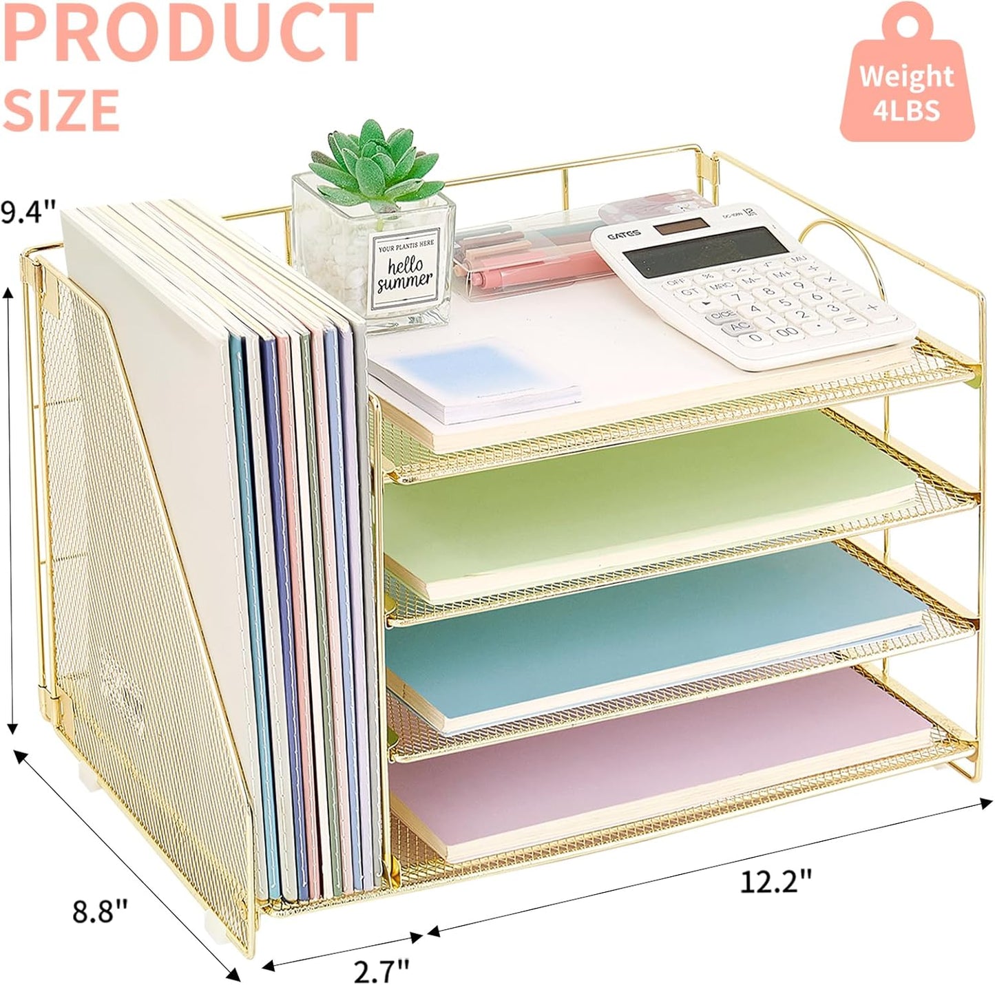 OPNICE 4-Tier Paper Organizer with Magazine Holder, Desk Organizers and Accessories, Office Desk Accessories & Workspace Organizers, Desktop File Organizer for Office Supplies Storage, Gold