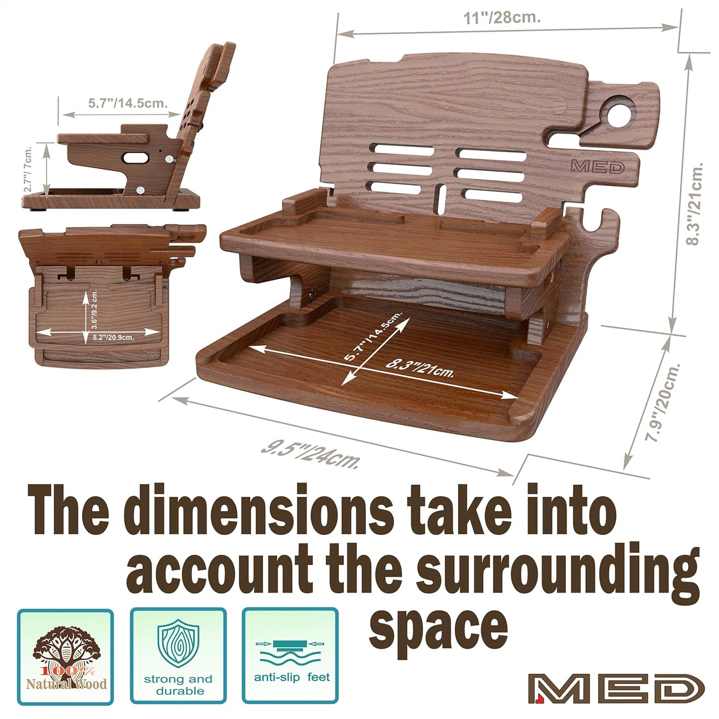 MED Wood Phone Docking Station – Nightstand Desk Organizer for Phone, Watch, Wallet & Tablet – Gift for Men, Husband, Dad & Women – Wooden Charging Stand, (Dark Walnut, Model 2)