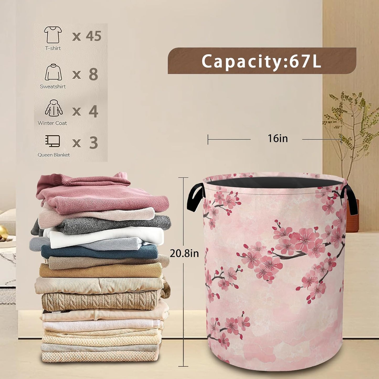 Laundry Hamper,Pink Flower Laundry Basket,Cherry Blossom Waterproof Oxford Cloth Storage Basket with Handle for Clothes Books Nursery Home Storage Sundries 16"x20"