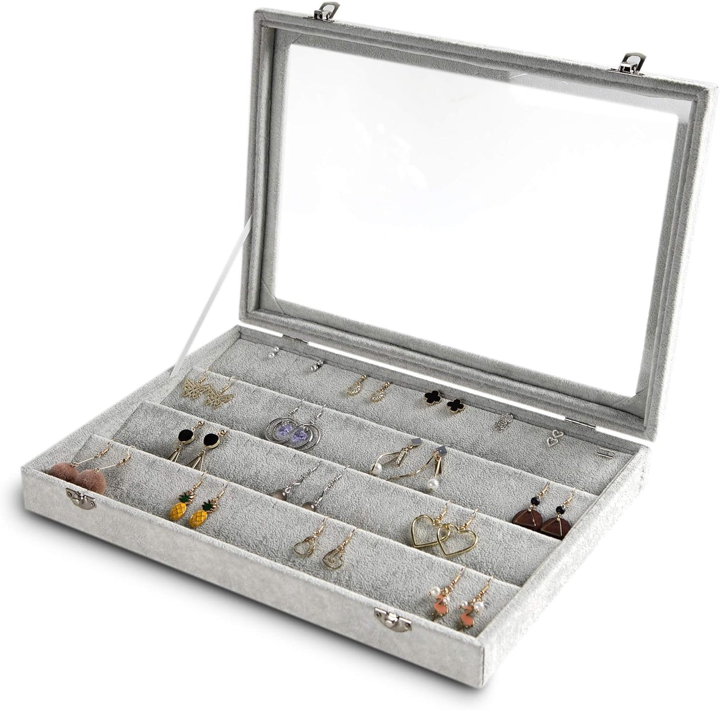 Frebeauty Earring Organizer Tray with Clear Lid 64 Slots Velvet Drawer Insert Earring Storage box with Transparent Glass lid Jewelry Display Case with lock Gifts for Girls Women (Grey, Earrings)