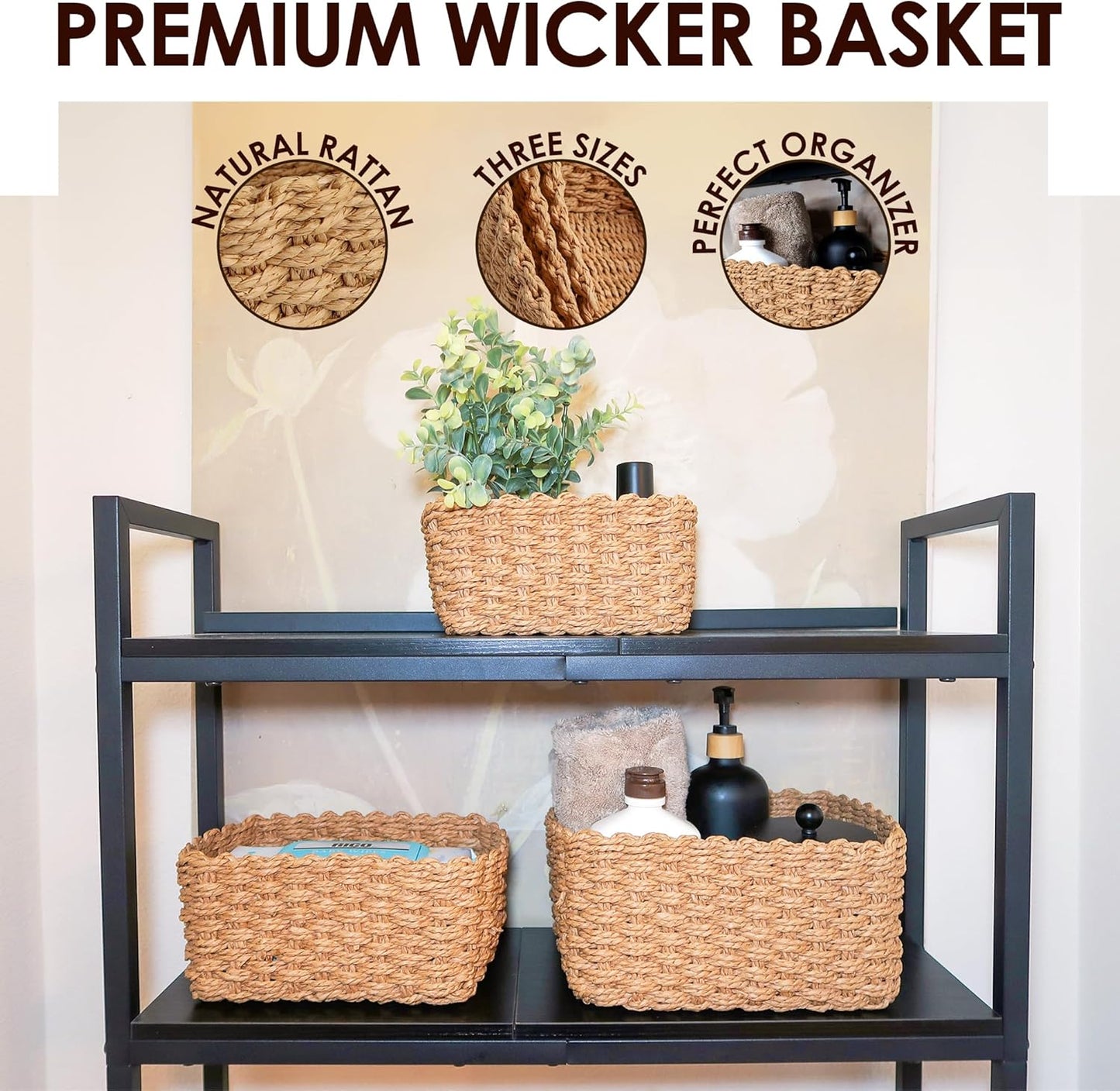 Wicker Storage Baskets For Organizing (Extra Small, Small and Medium), Brown