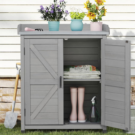 Outdoor Potting Bench with Storage Cabinet and Metal Top, Wood Workstation for Outdoor Patio, Garden (Classic Grey, 31.5x17x39‘’)