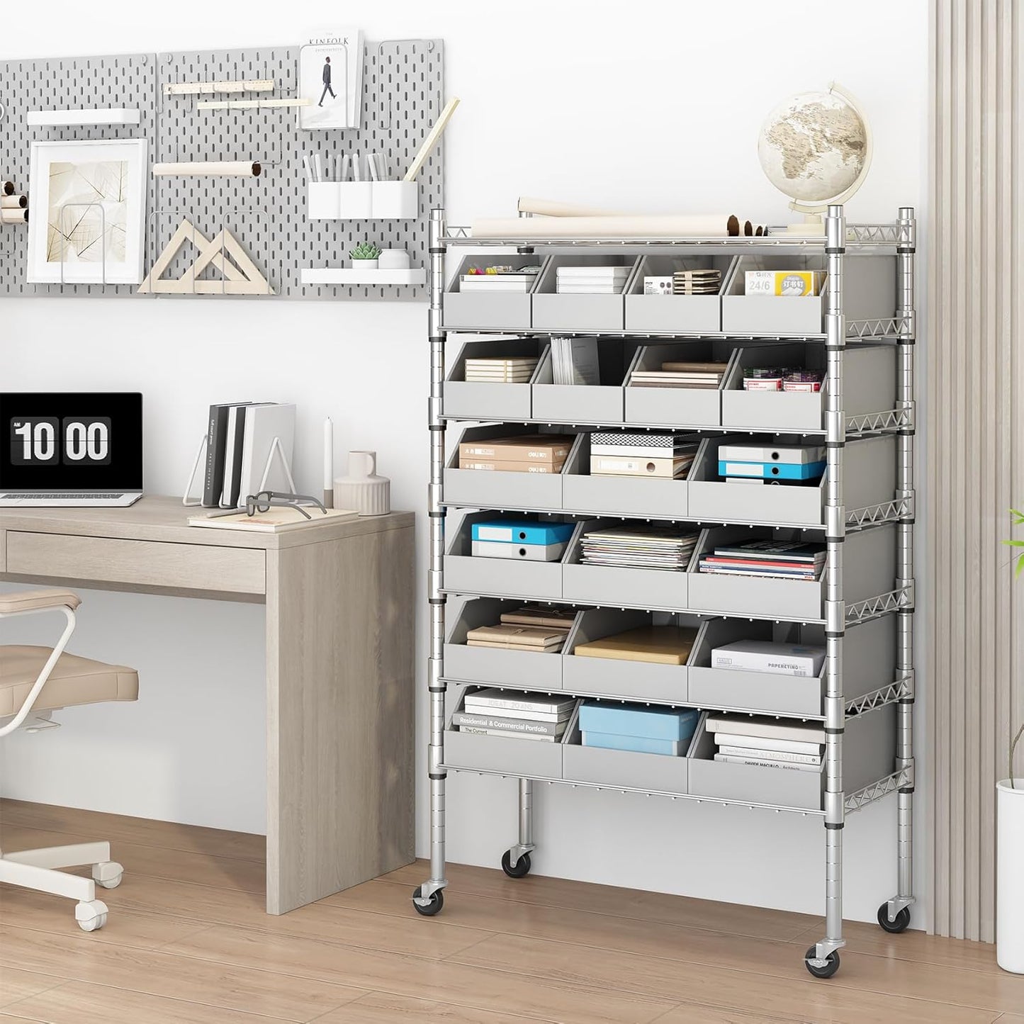 6-Tier Classics Heavy-Duty Bin Rack, Industrial Solid Steel Wire Shelving Storage Unit, Organizer with 20 Bins, Gray, for Garage/Warehouse/Kitchen/Office/Classroom