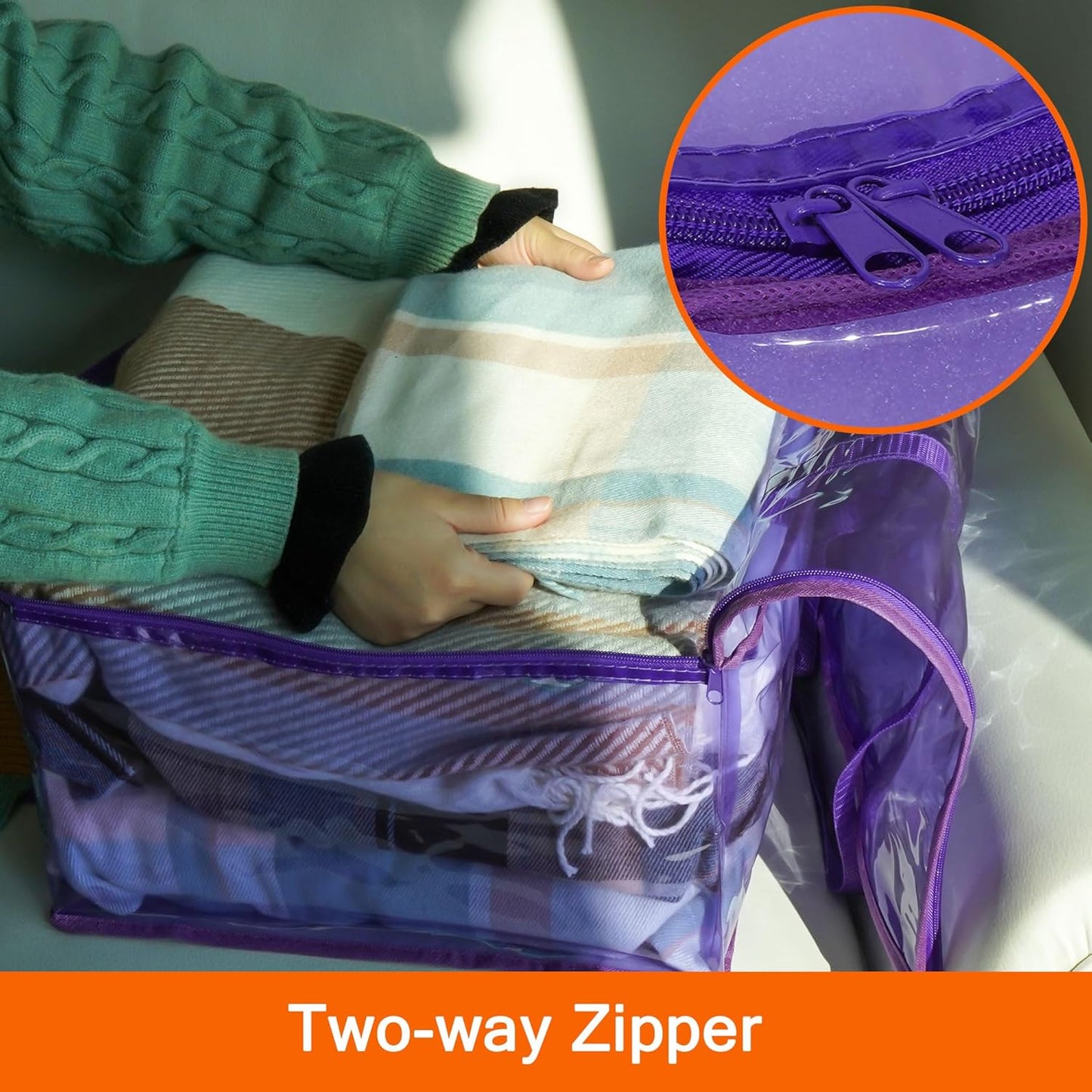 Vieshful 90L Clear Clothes Storage Bag Colorful Clothes Organizer with Zipper Vinyl Storage Bag for Comforter, Blanket, Bedding, Duvet, Transparent Moving Totes 3 Pack, Purple