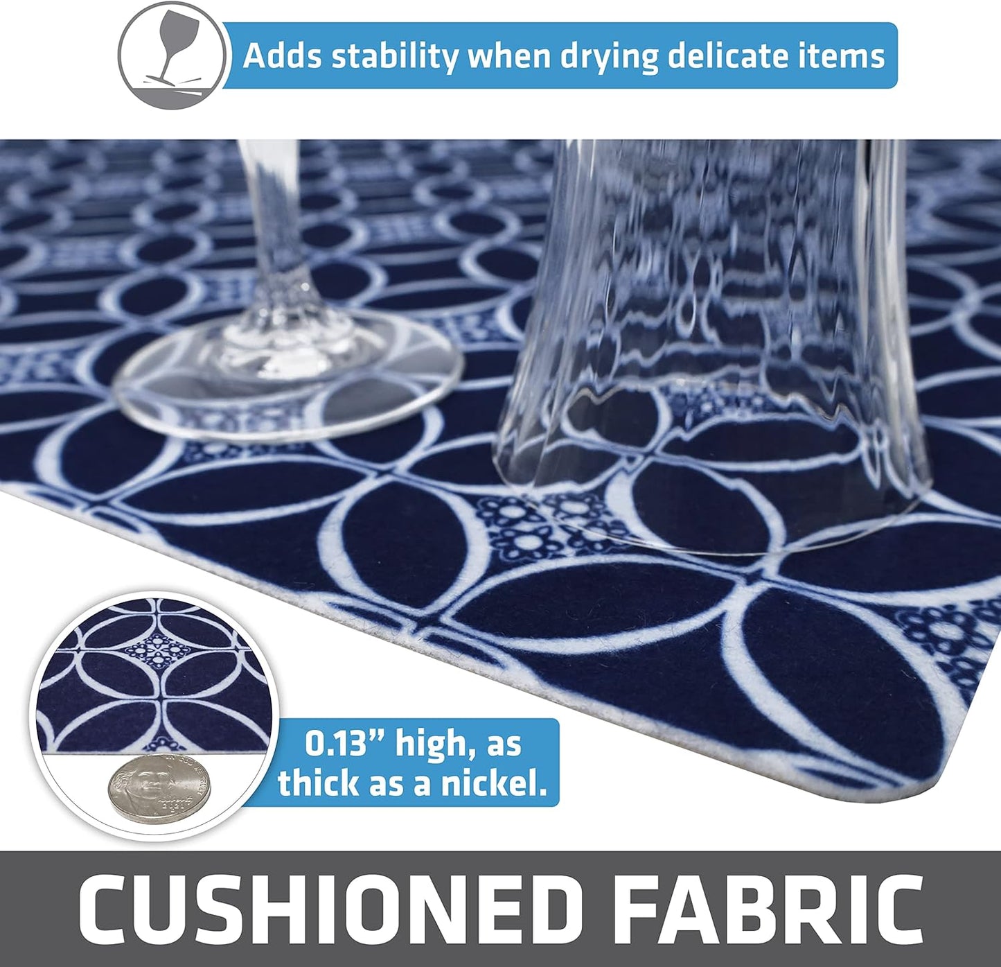Drymate Premium Luxury Shelf & Drawer Liner, Thick Cushioned Fabric, Non-Adhesive, Absorbent, Waterproof, Slip-Resistant, Liners for Kitchen Cabinets, Cupboards (USA Made)(12”x59”)(24-Pack)(Indigo)