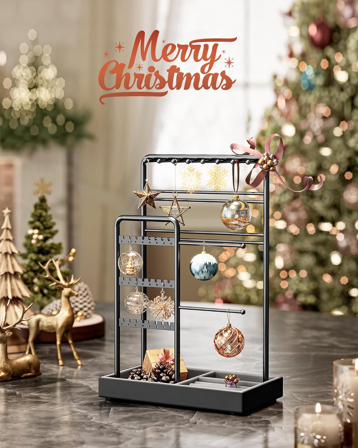 SONGMICS Jewelry Holder, Jewelry Organizer, Jewelry Display Stand with Metal Frame, Velvet Tray, Necklace Earring Bracelet Holder, for Studs, Rings, Christmas Gift, Ink Black UJJS021B01