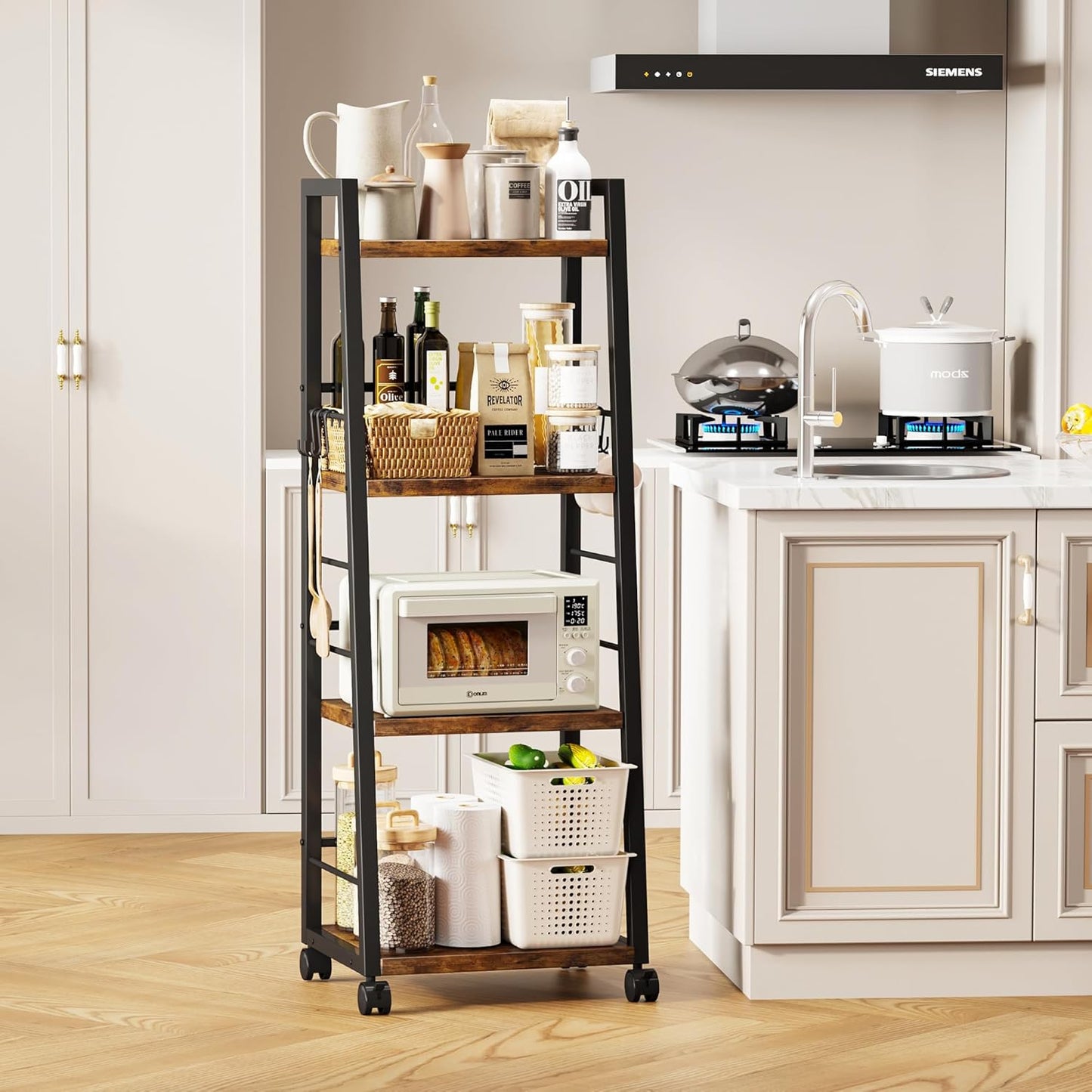 Homeiju 4 Tier Kitchen Storage Cart with Lockable Wheels & 6 Hooks, Mobile Utility Organizer Rolling Cart for Small Spaces, Bar Cart for Kitchen and Living Room, Rustic Brown