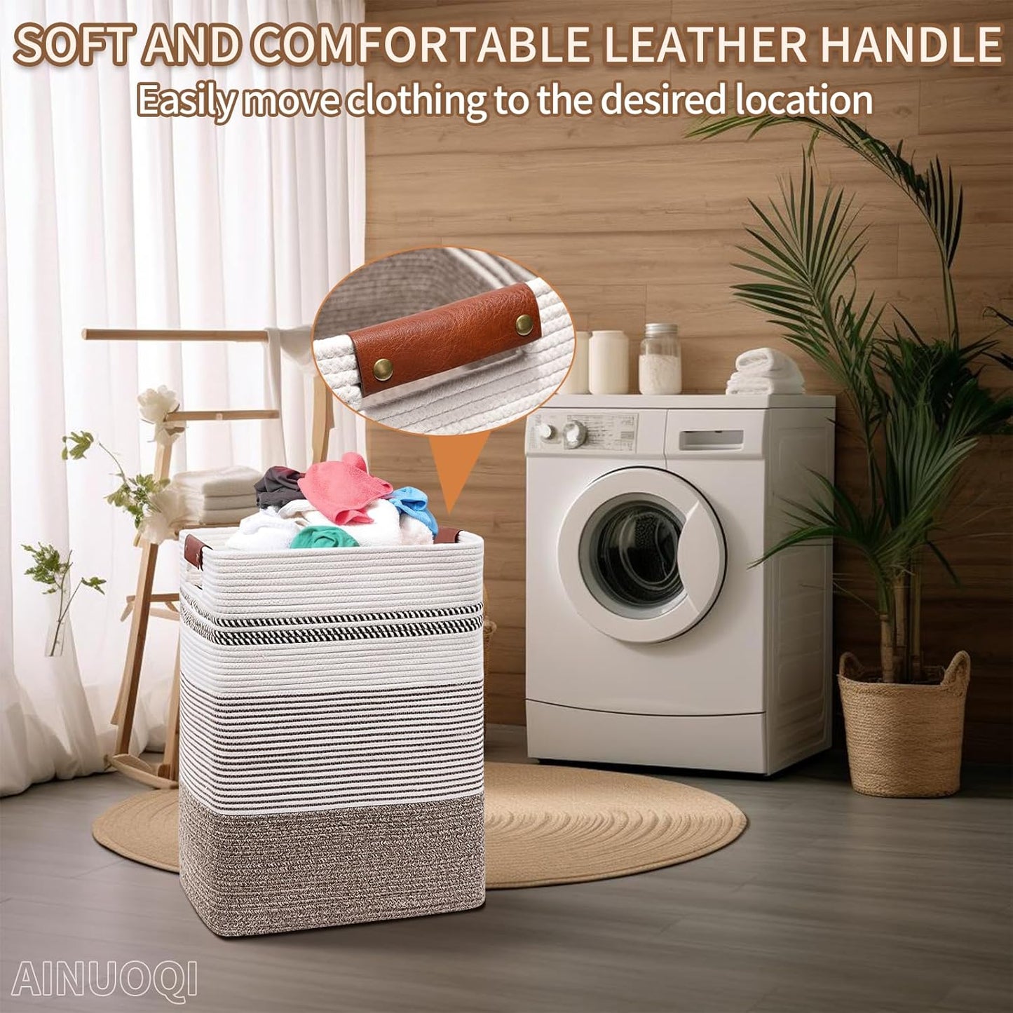 Laundry Hamper - Tall Woven Rope Laundry Basket - Clothes hamper with Leather Handles, 17.8" X 13.8" X 22", Blanket Storage Basket for Living Room, Rice Brown & White