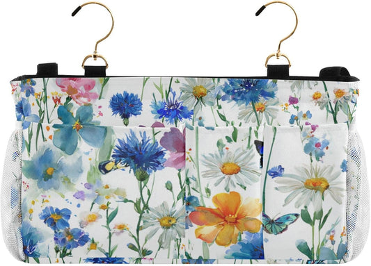Watercolor Cornflower Daisy Bedside Caddy for Dorm Bed Bedside Hanging Caddy Bag Iron Frame Storage Organizer Pocket for Bunk Home College Hospital Beds 2 Hooks