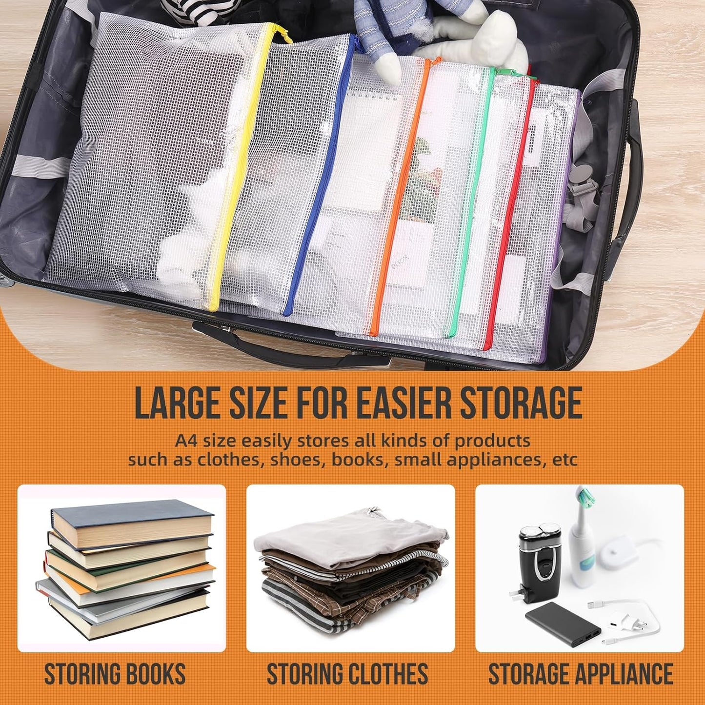 24pcs Mesh Zipper Pouch Bags, 12 Colors Extra Large 12PCS A3 and 12pcs A4, Puzzle Bag for Organizing, Classroom Must Have Storage Bag, File Bags for School, Board Games and Office Supplies