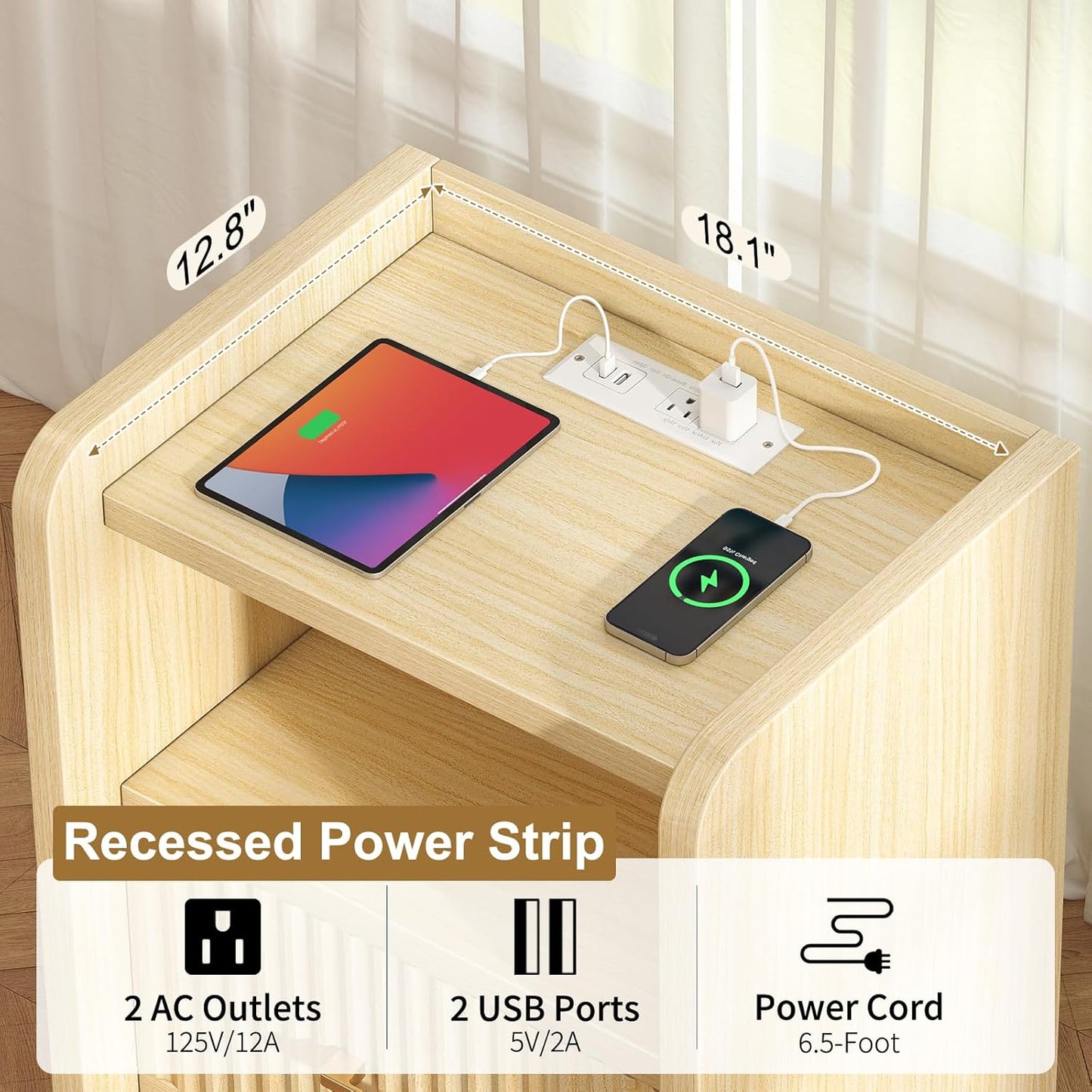 Night Stand with Charger Station, Fluted Wood Nightstand with Drawer Storage, Modern Bedside Table, Wide Nightstands for Bedroom, Mid Century Wooden Night Stands for Home Office Sofa Couch